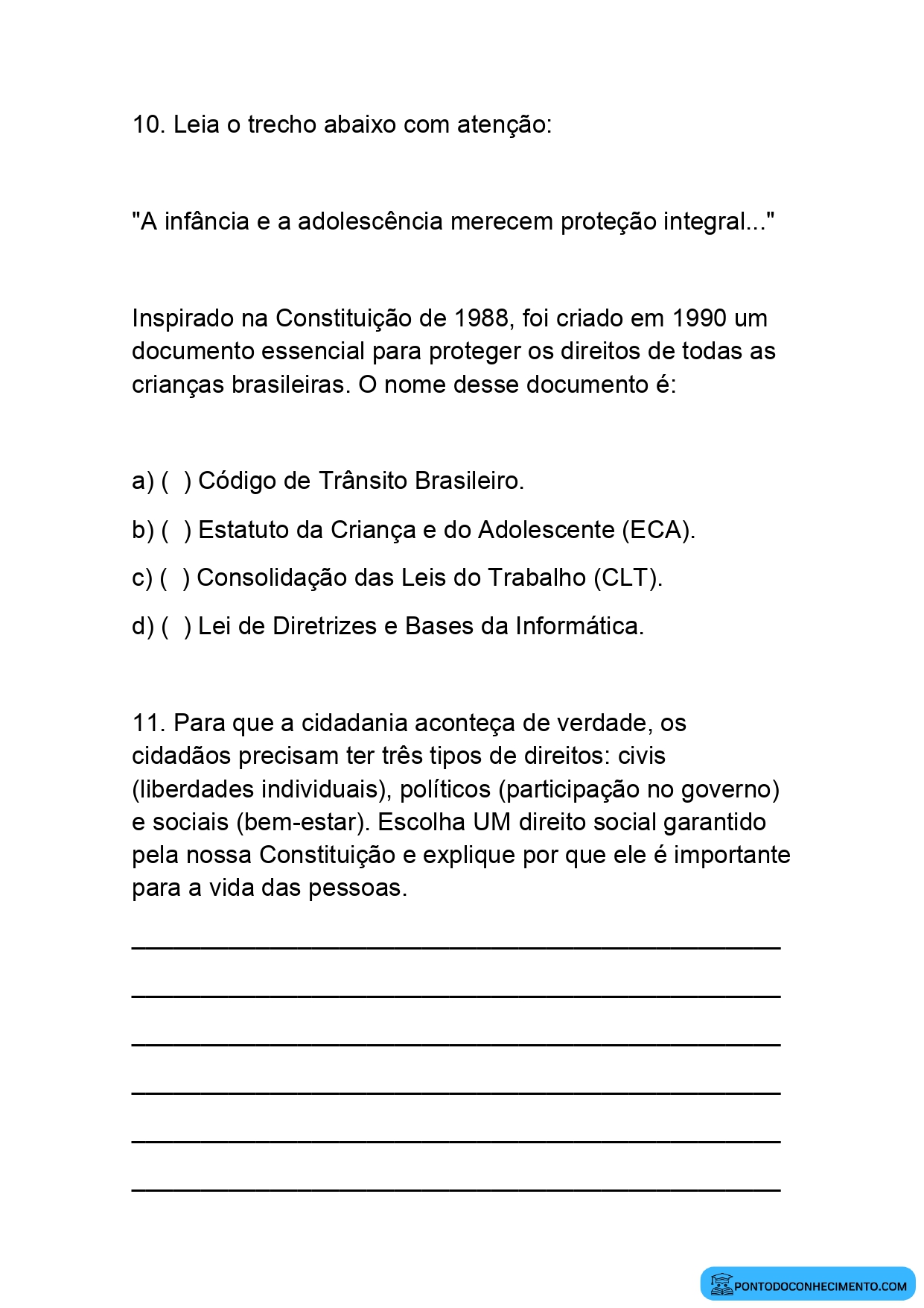 Atividade de Múltipla Escolha de História 5º Ano Constituição de 1988