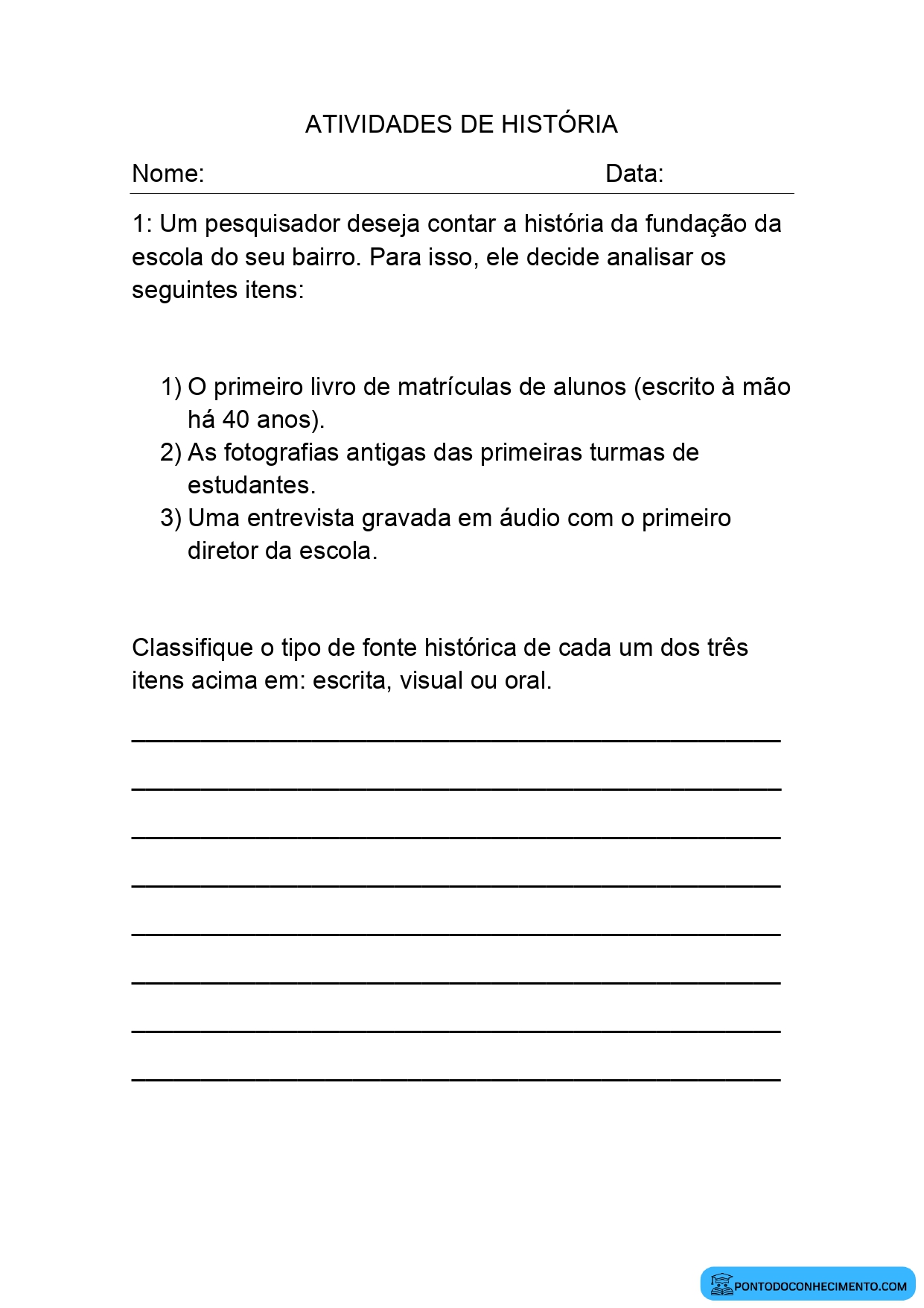 Atividade de História para o 5º Ano sobre Fontes Históricas