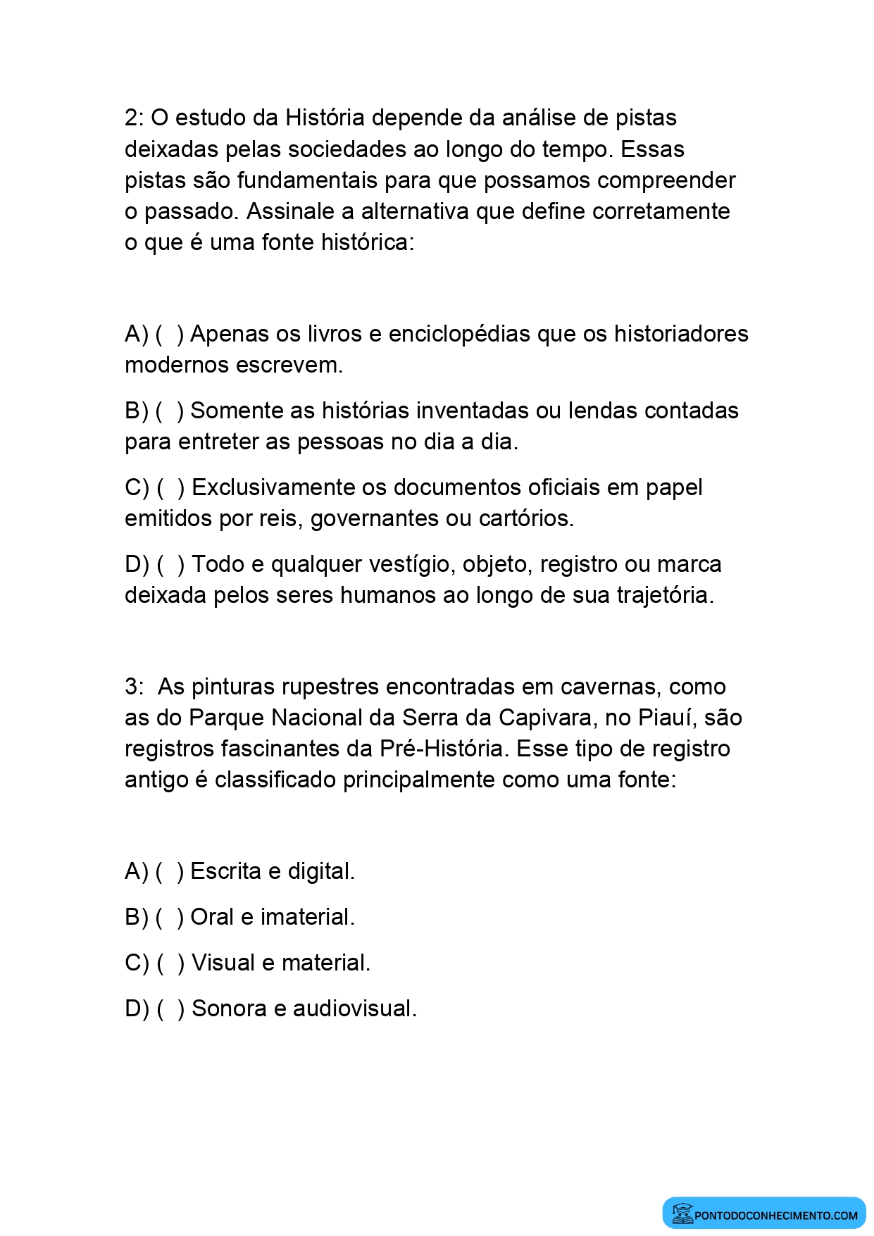 Exercícios de História 5º Ano sobre Fontes Históricas