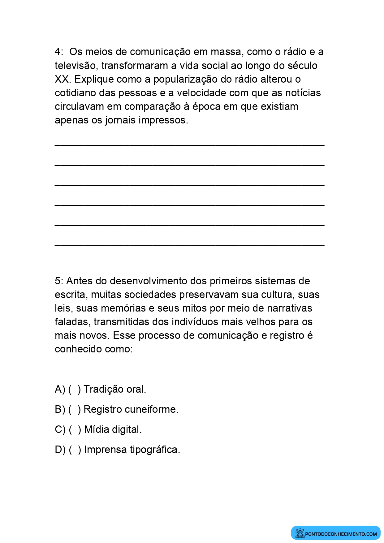 Atividade de Múltipla Escolha de História 5º Ano Fontes Históricas