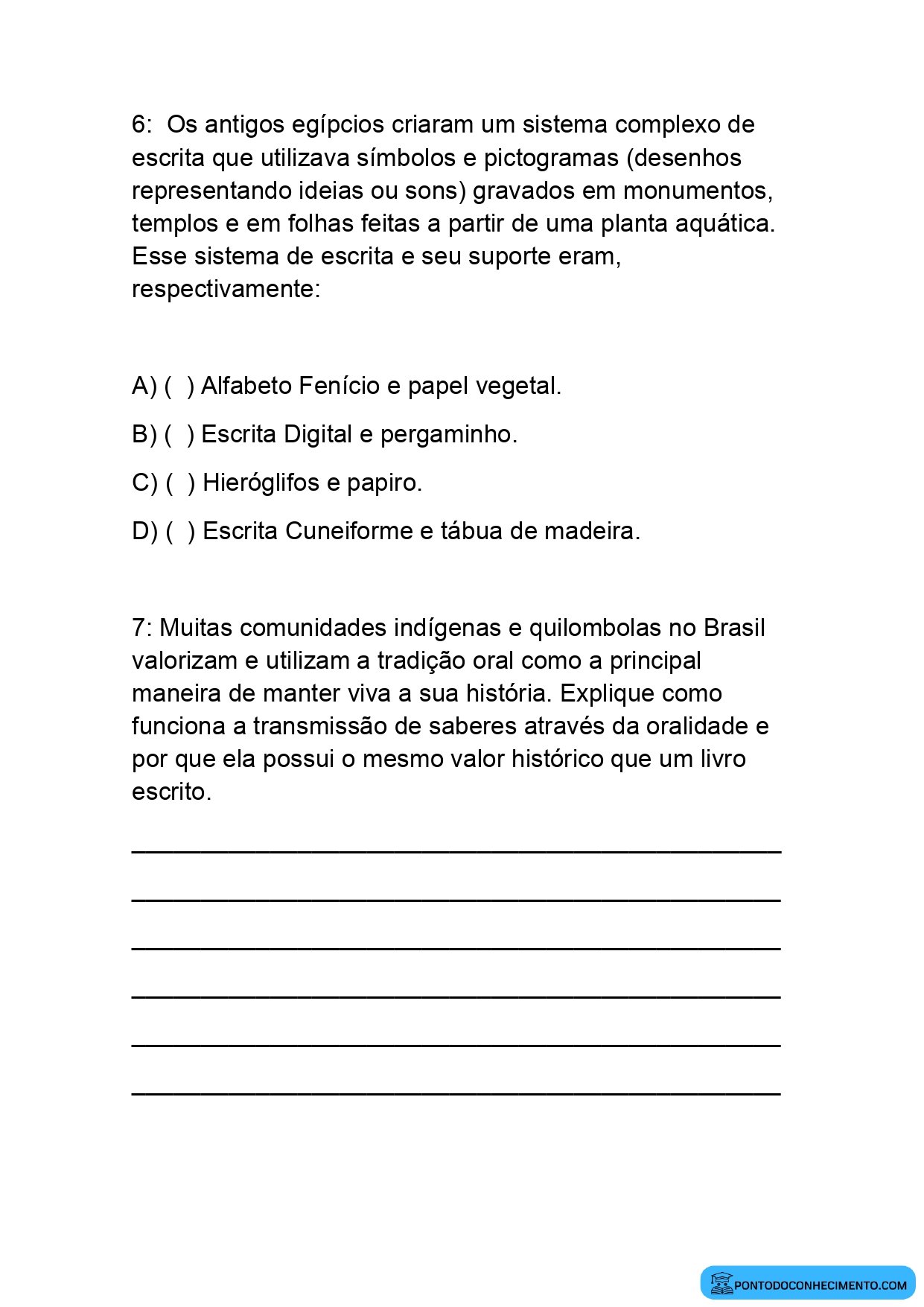 Questões de História sobre Fontes Históricas 5º Ano