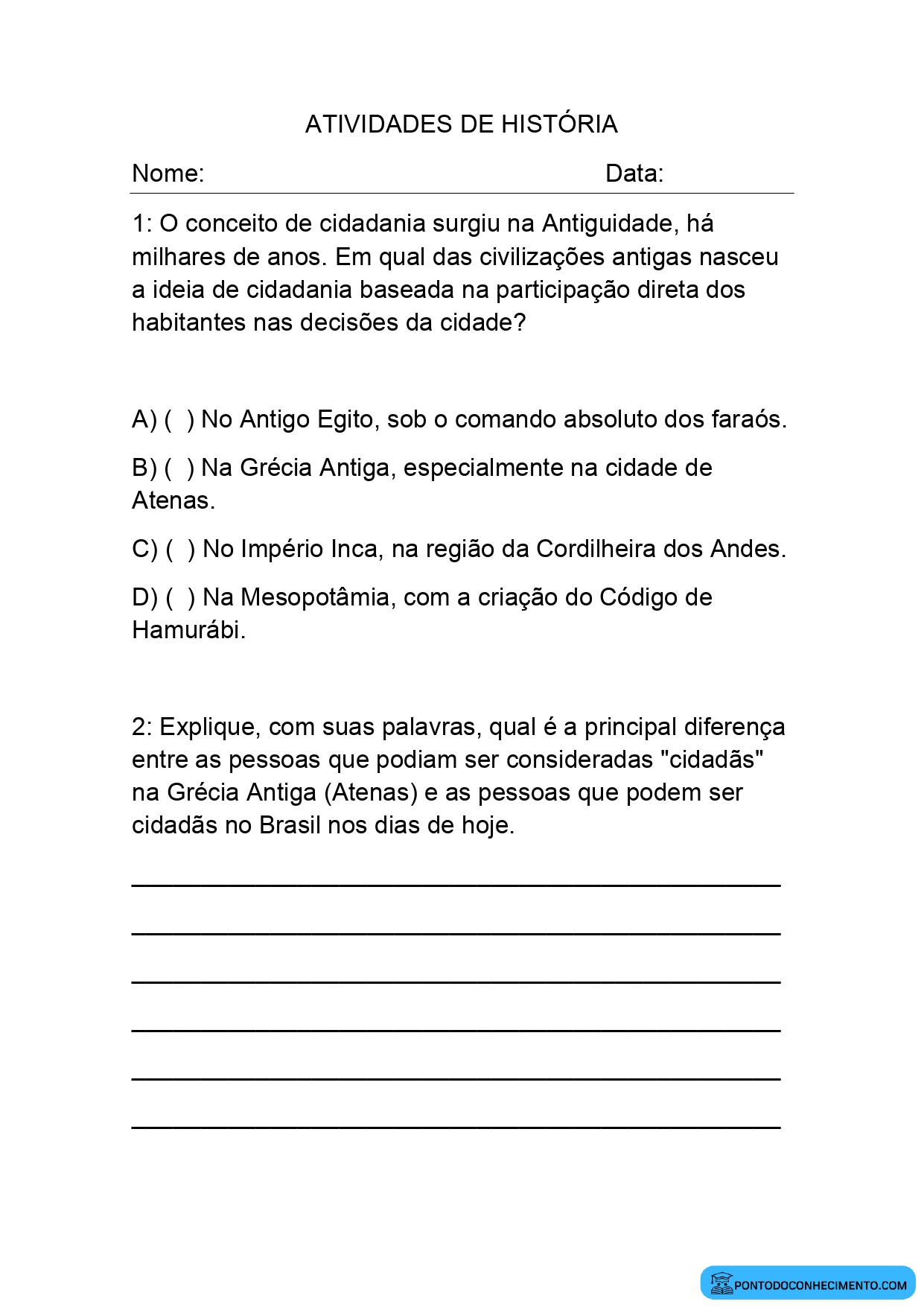 Atividade de História para o 5º Ano sobre o Nascimento da Cidadania