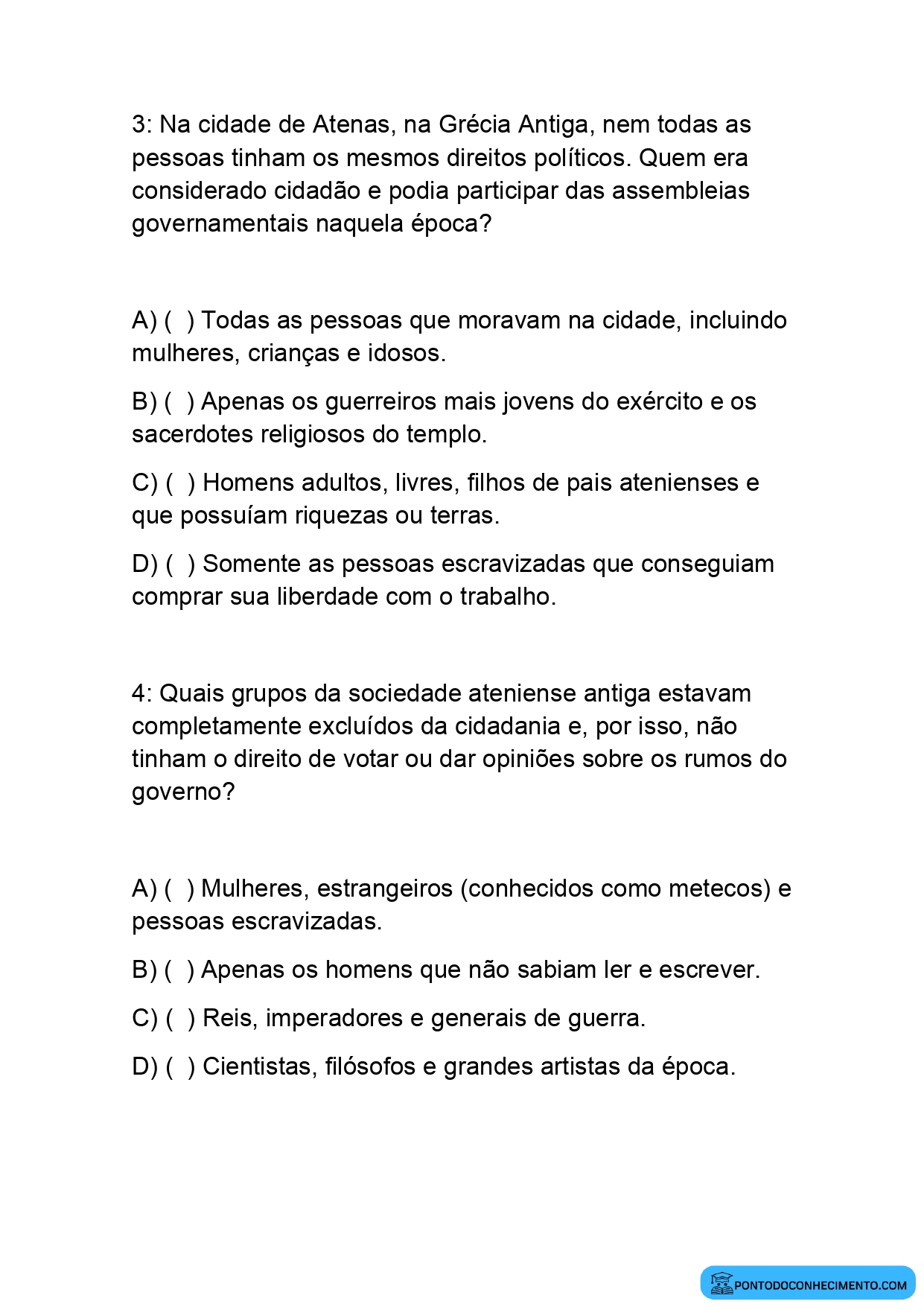 Exercícios de História 5º Ano sobre o Nascimento da Cidadania