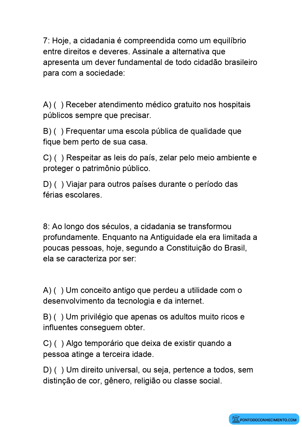 Questões de História sobre o Nascimento da Cidadania 5º Ano