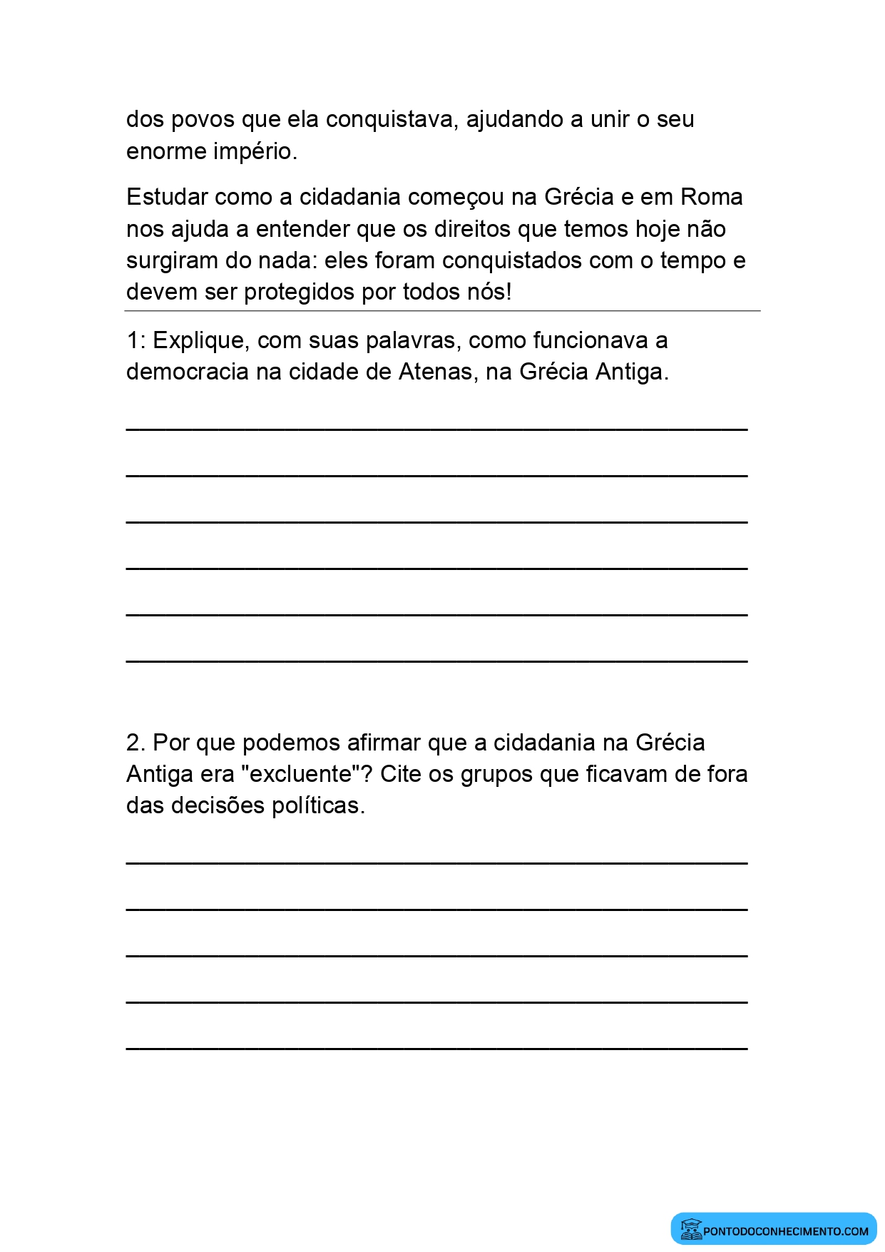 Exercícios de História 5º Ano sobre o Conceito de Cidadania na Antiguidade