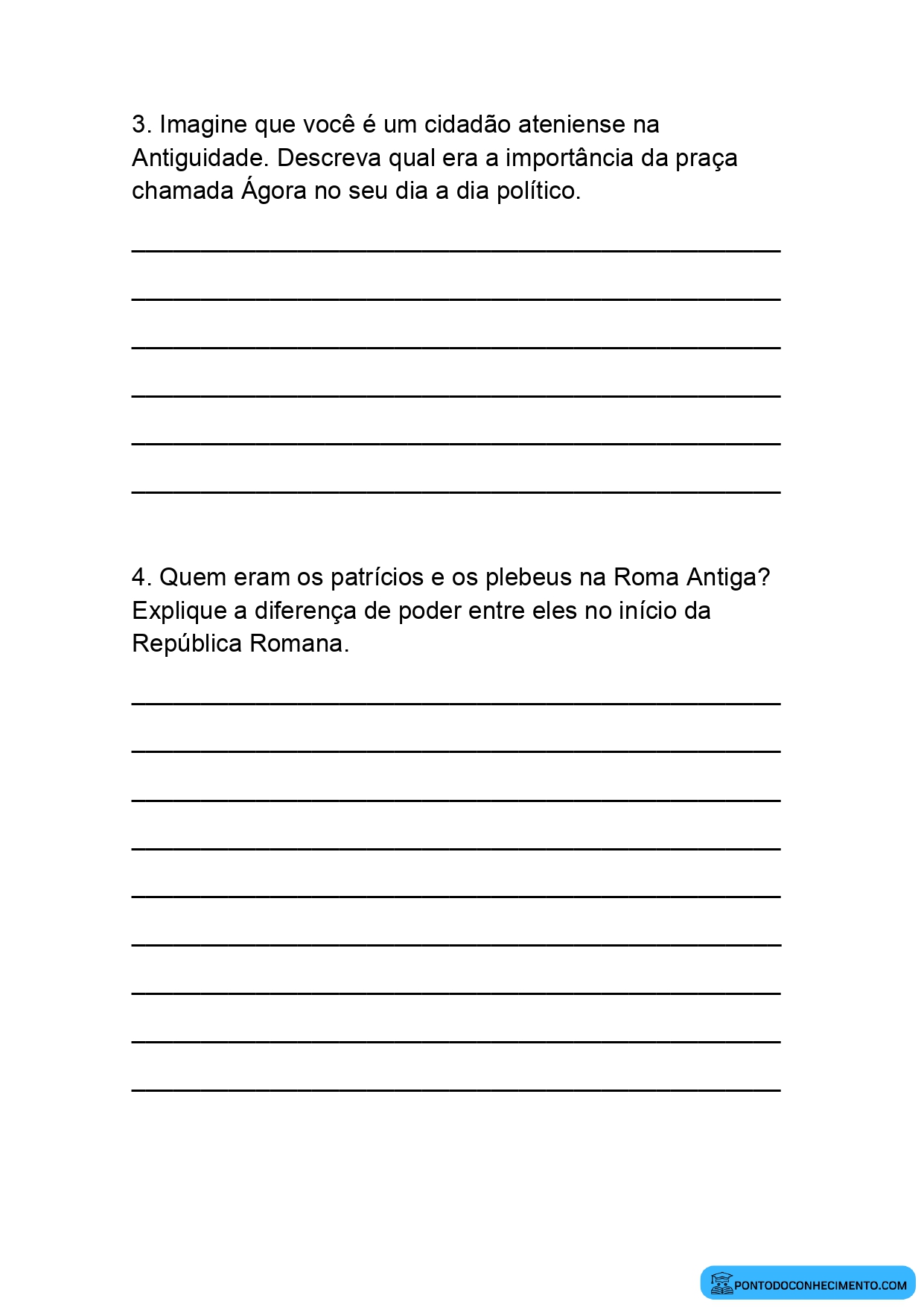 Questões Abertas de História sobre Cidadania na Antiguidade 5º Ano
