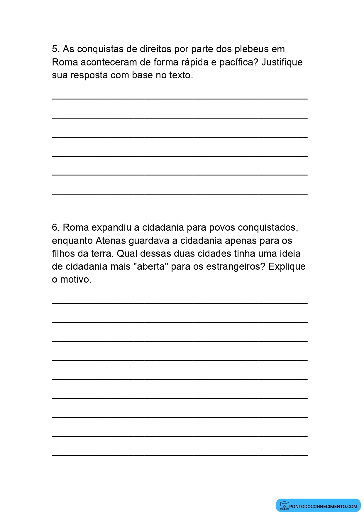 Atividade Dissertativa de História 5º Ano Cidadania na Antiguidade