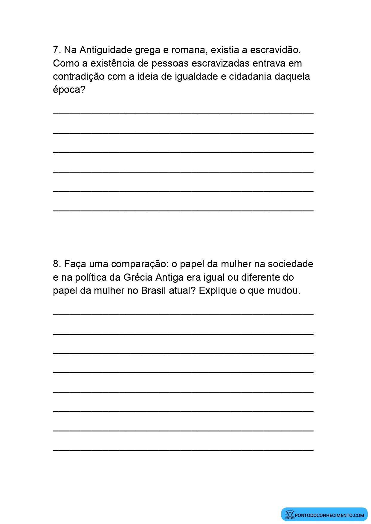 Atividade de História 5º Ano sobre a Origem da Cidadania Questões Abertas