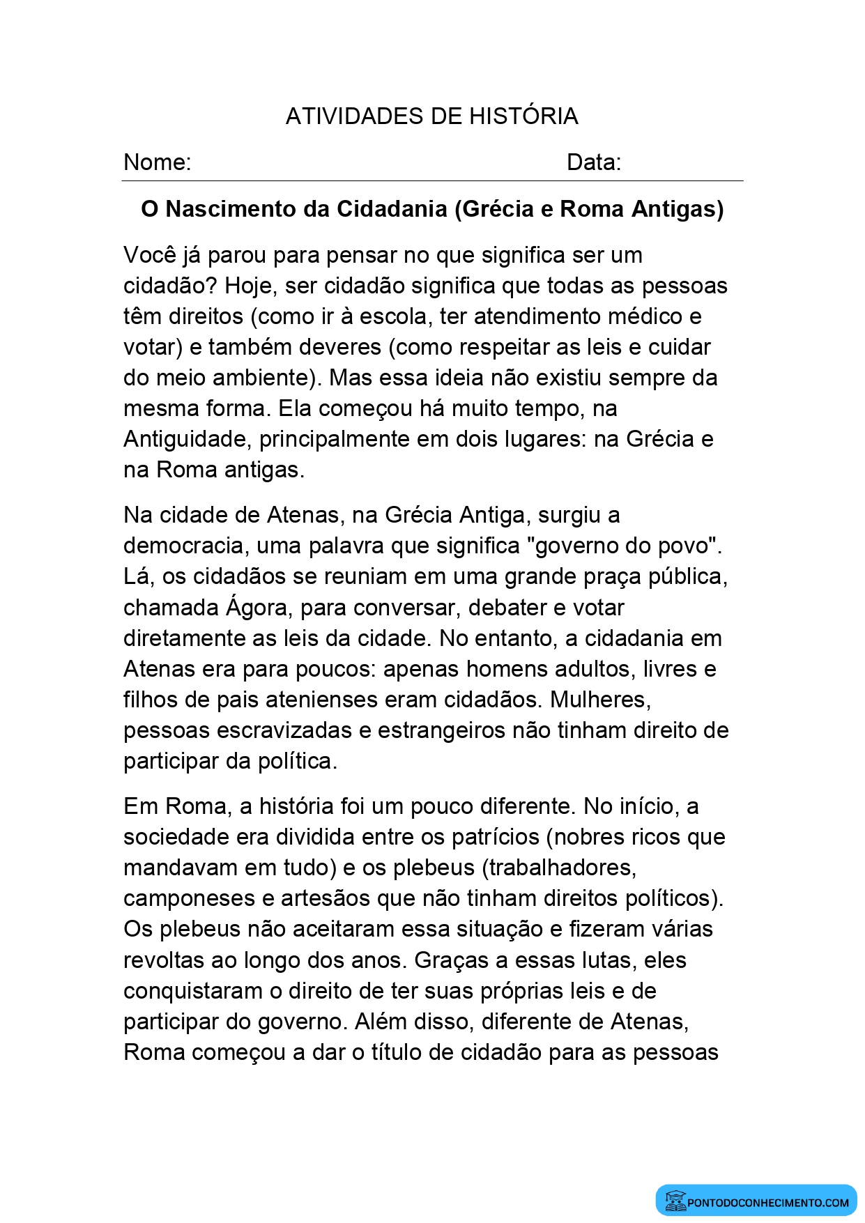 Atividade de História para o 5º Ano sobre Cidadania na Antiguidade