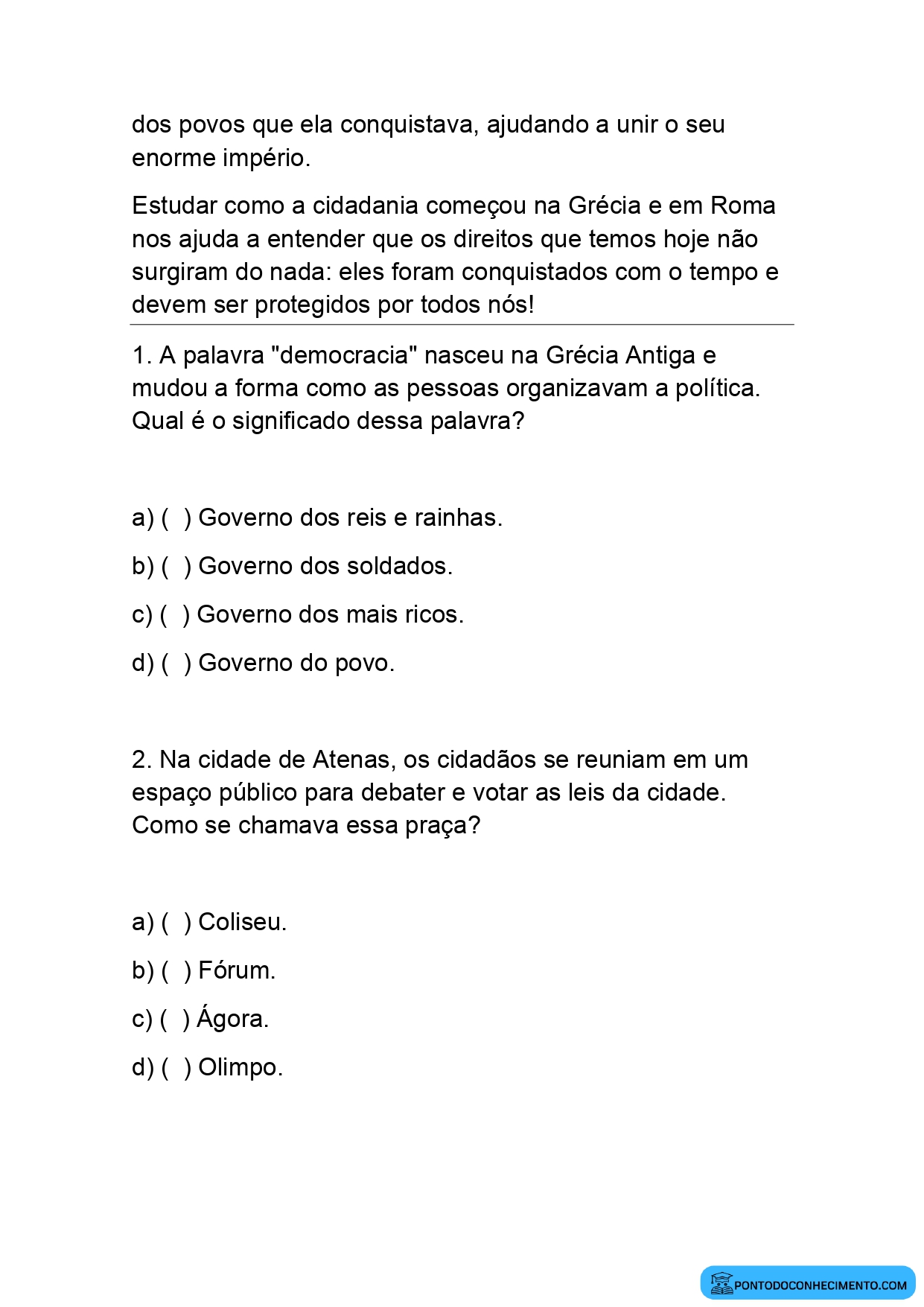 Exercícios de História 5º Ano sobre o Conceito de Cidadania na Antiguidade