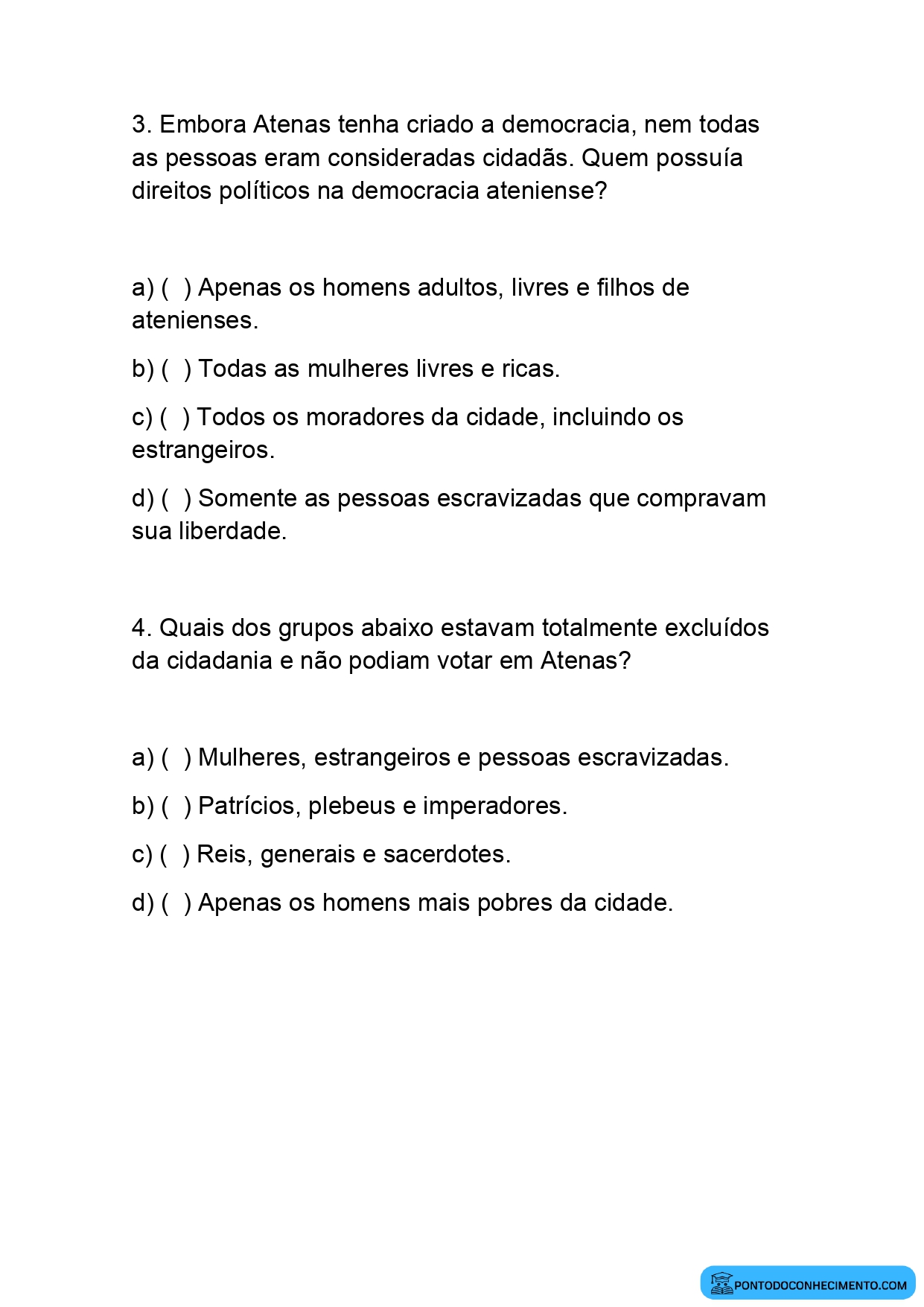 Atividade de Múltipla Escolha de História 5º Ano Cidadania na Antiguidade