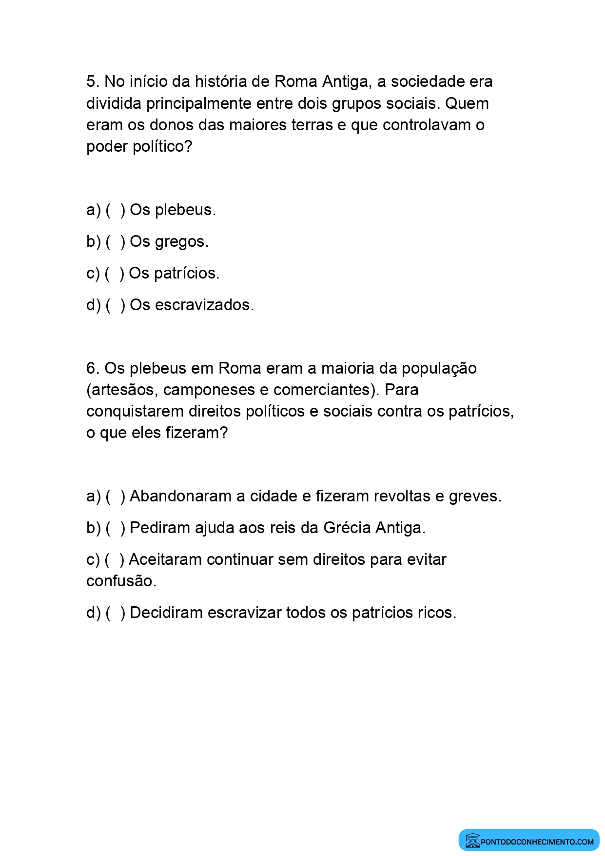Questões de História sobre Cidadania na Antiguidade 5º Ano