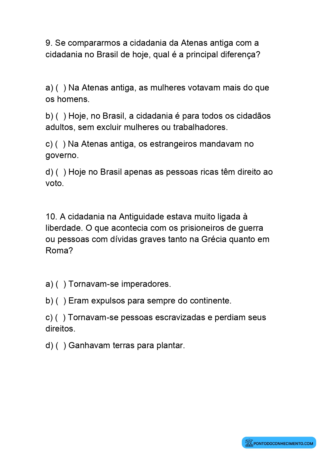 Exercícios sobre Cidadania na Grécia Antiga 5º Ano