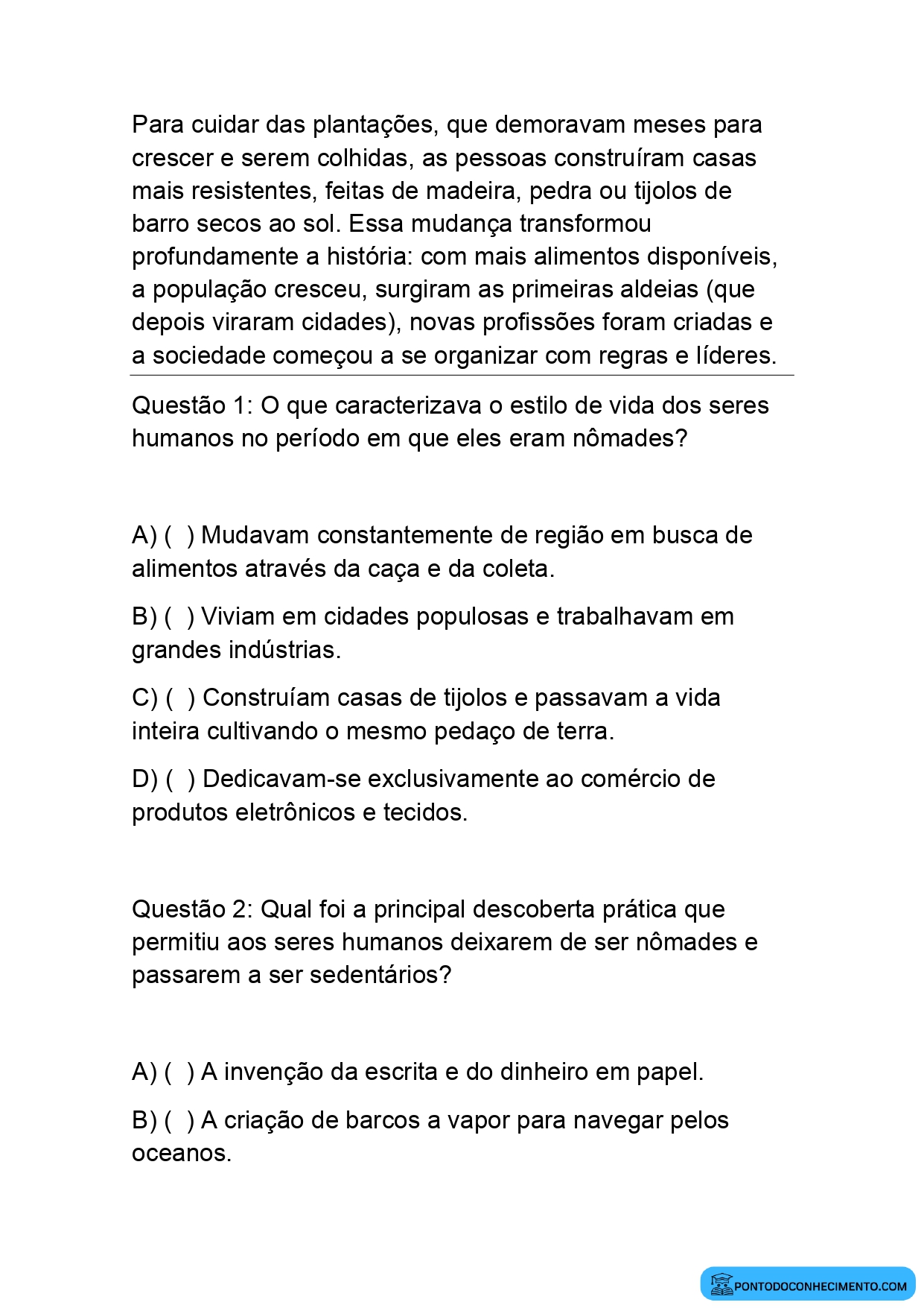 Atividade de História sobre a Transição do Nomadismo para o Sedentarismo no 5º Ano