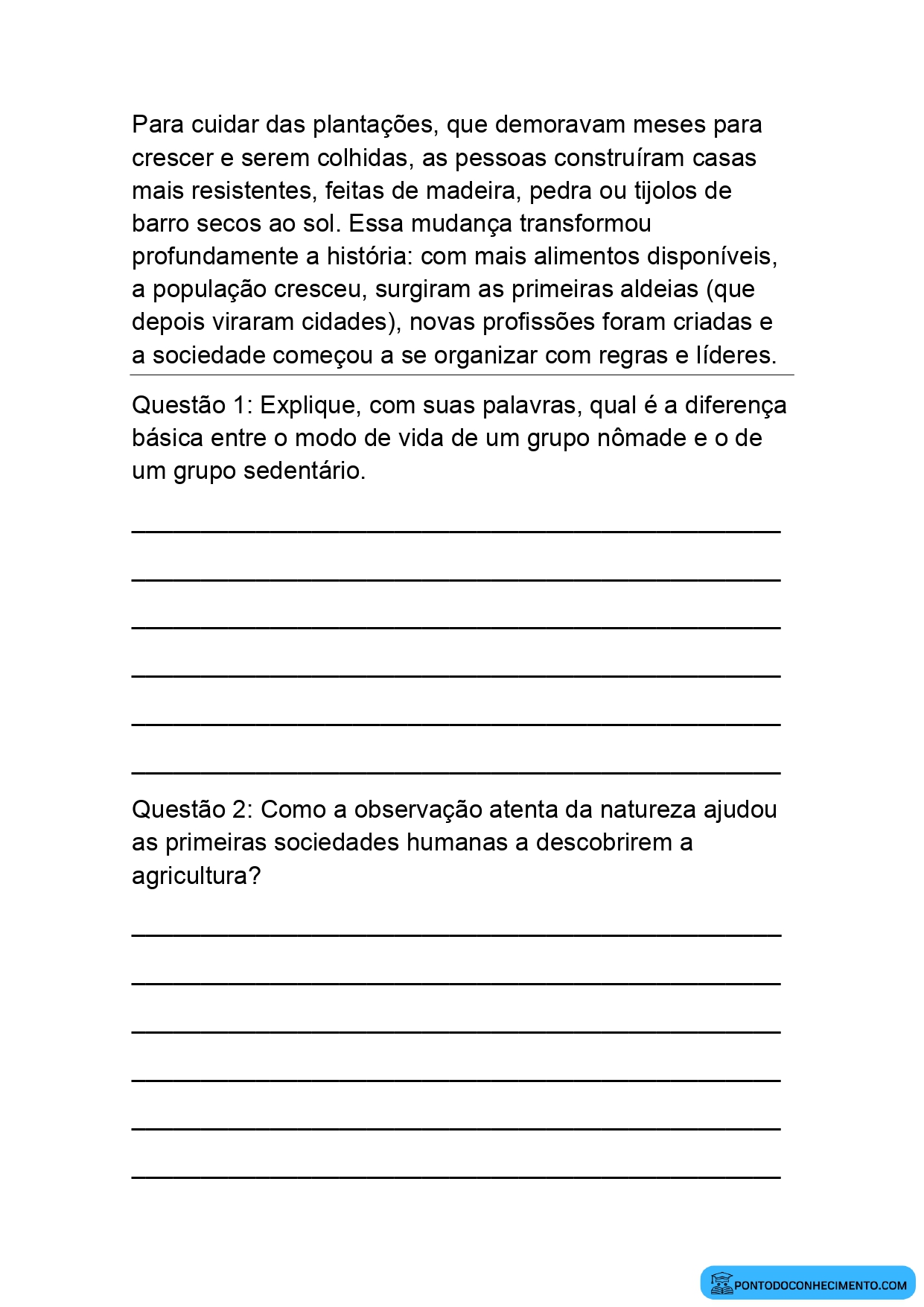 Atividade sobre a Mudança da Vida Nômade para a Vida Sedentária nas Sociedades Antigas