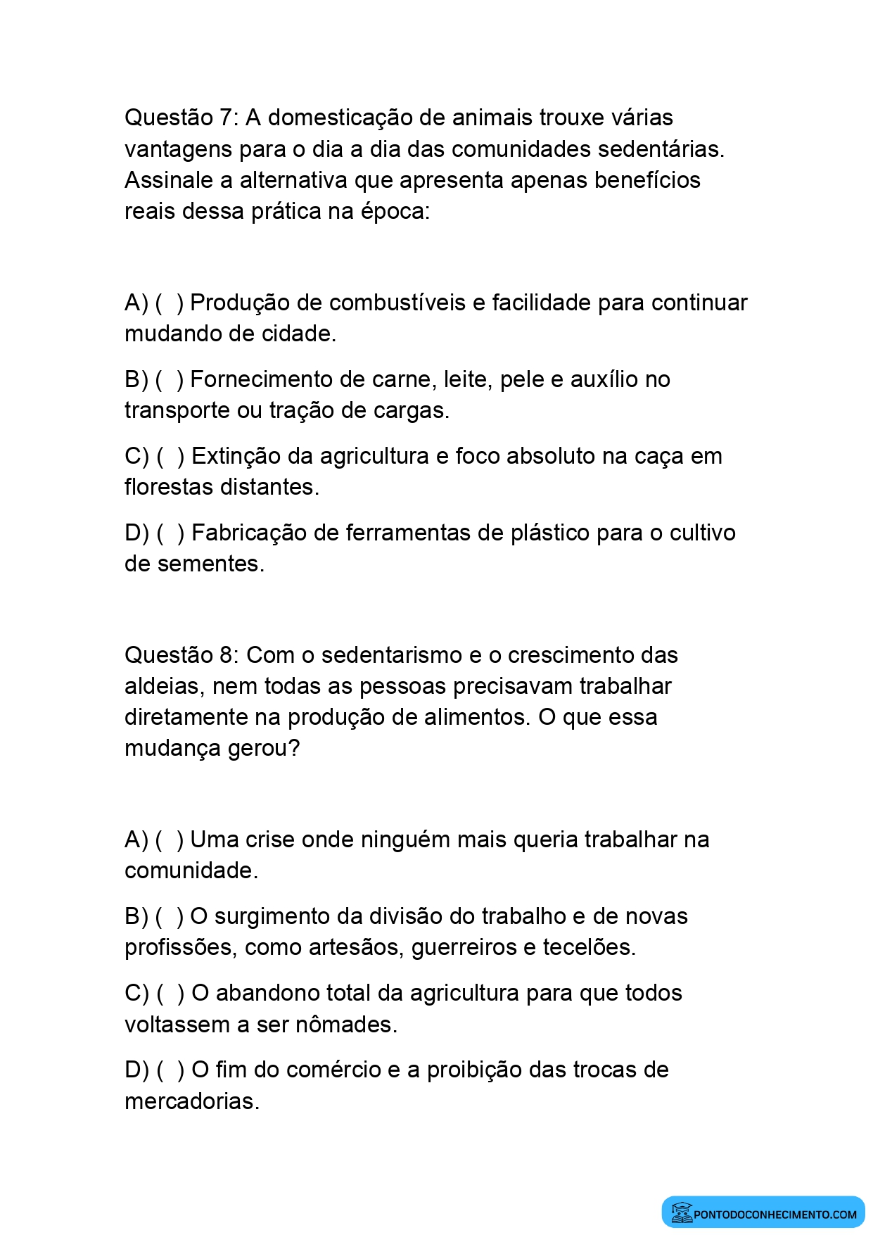 Questões de História sobre Nomadismo e Sedentarismo para o 5º Ano