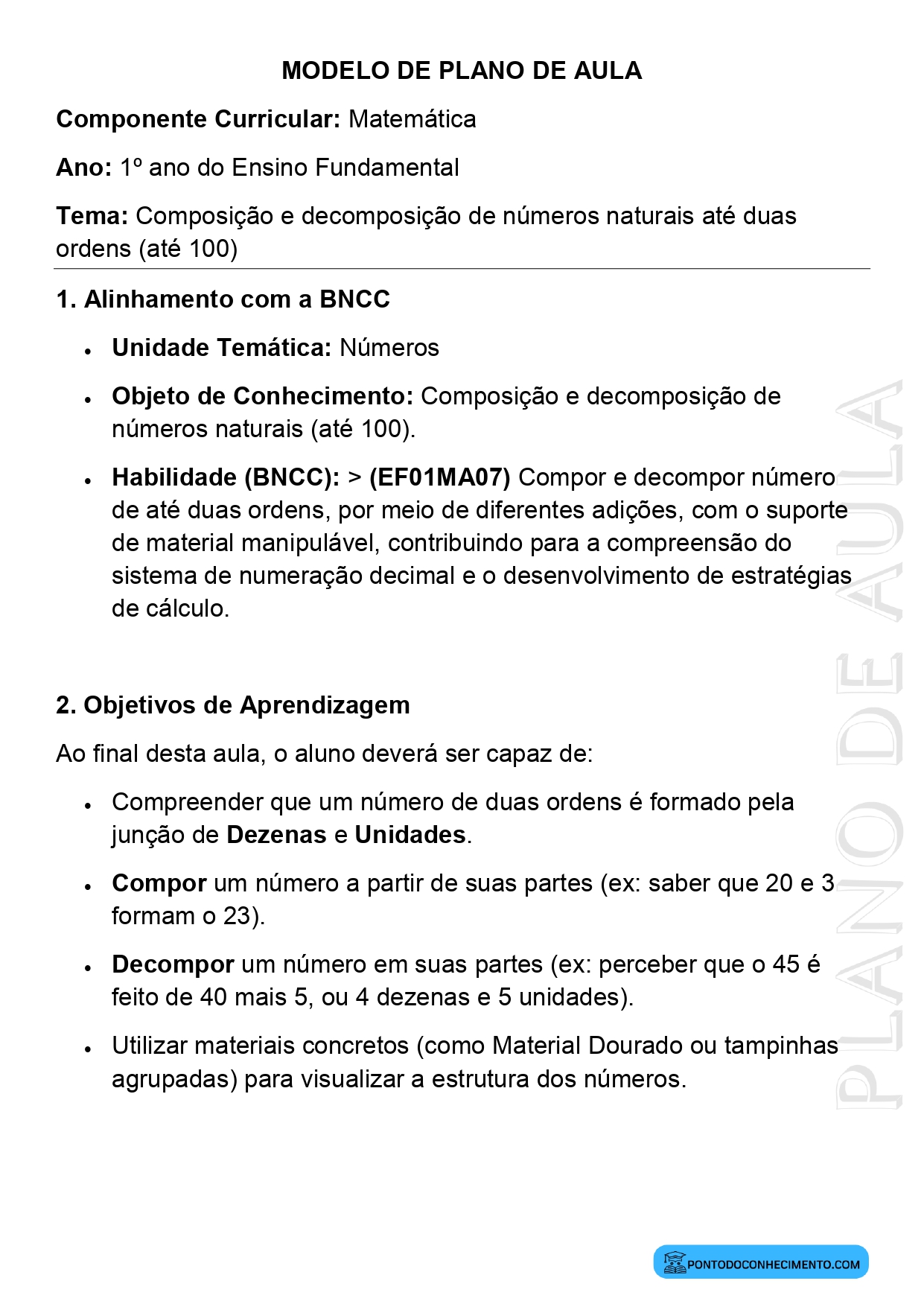 Plano de Aula de Matemática para o 1º Ano sobre Composição e Decomposição de Números até 100