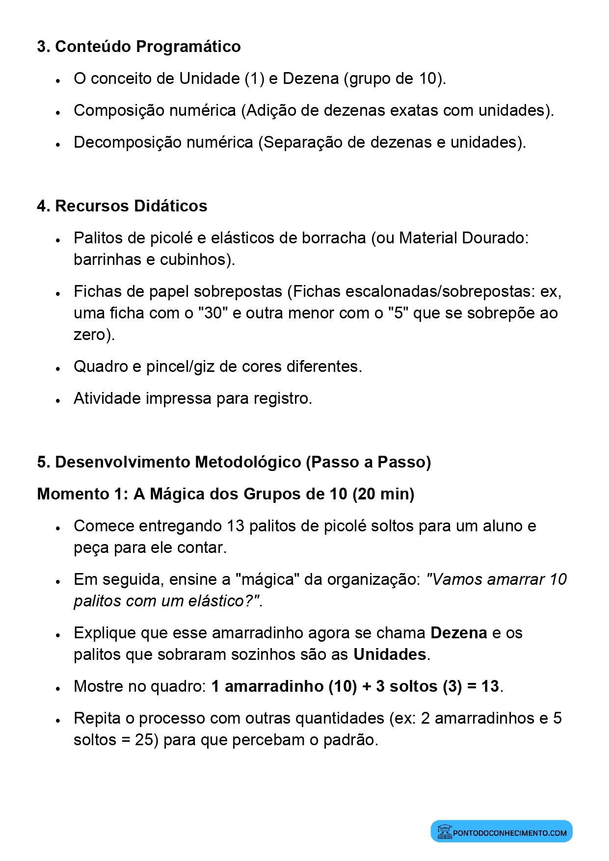 Plano de Aula Pronto de Matemática sobre Composição e Decomposição Numérica até Duas Ordens