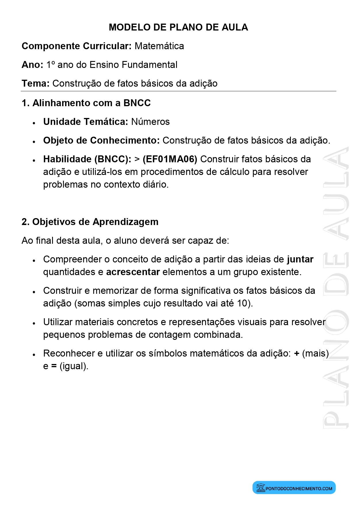 Plano de Aula de Matemática para o 1º Ano sobre Fatos Básicos da Adição