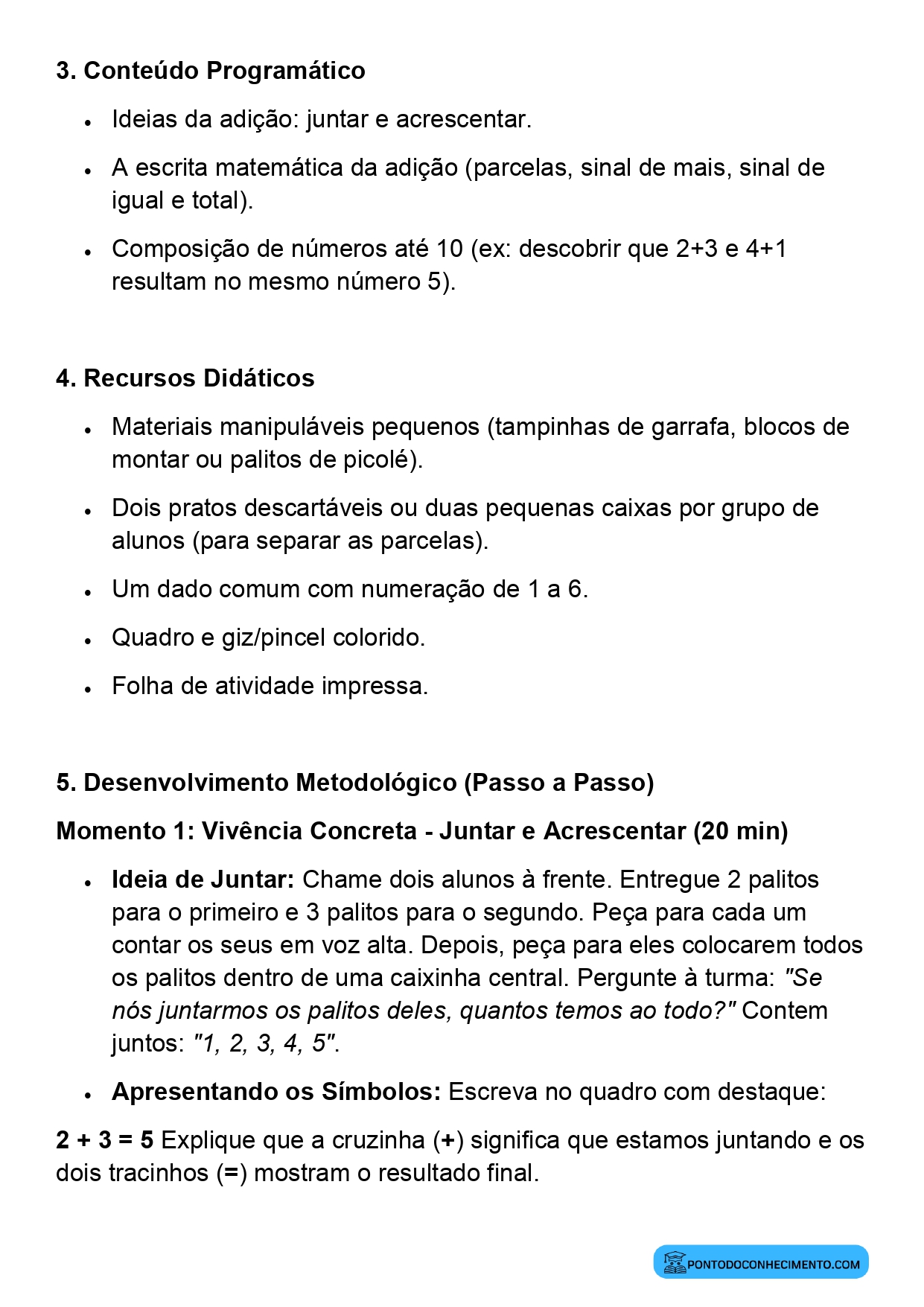 Plano de Aula Pronto de Matemática sobre Construção dos Fatos Básicos da Adição