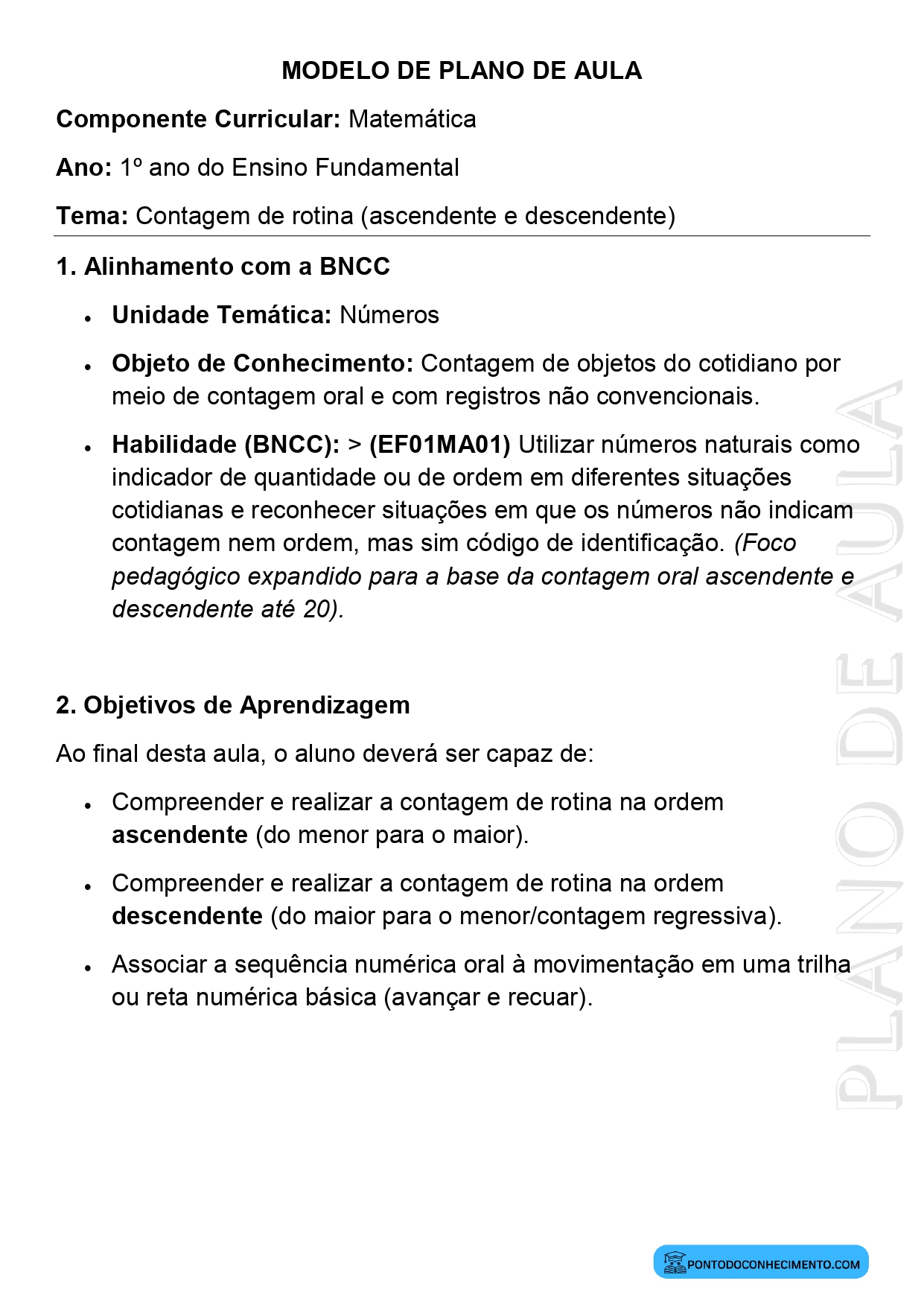 Plano de Aula Matemática 1º Ano Contagem de Rotina