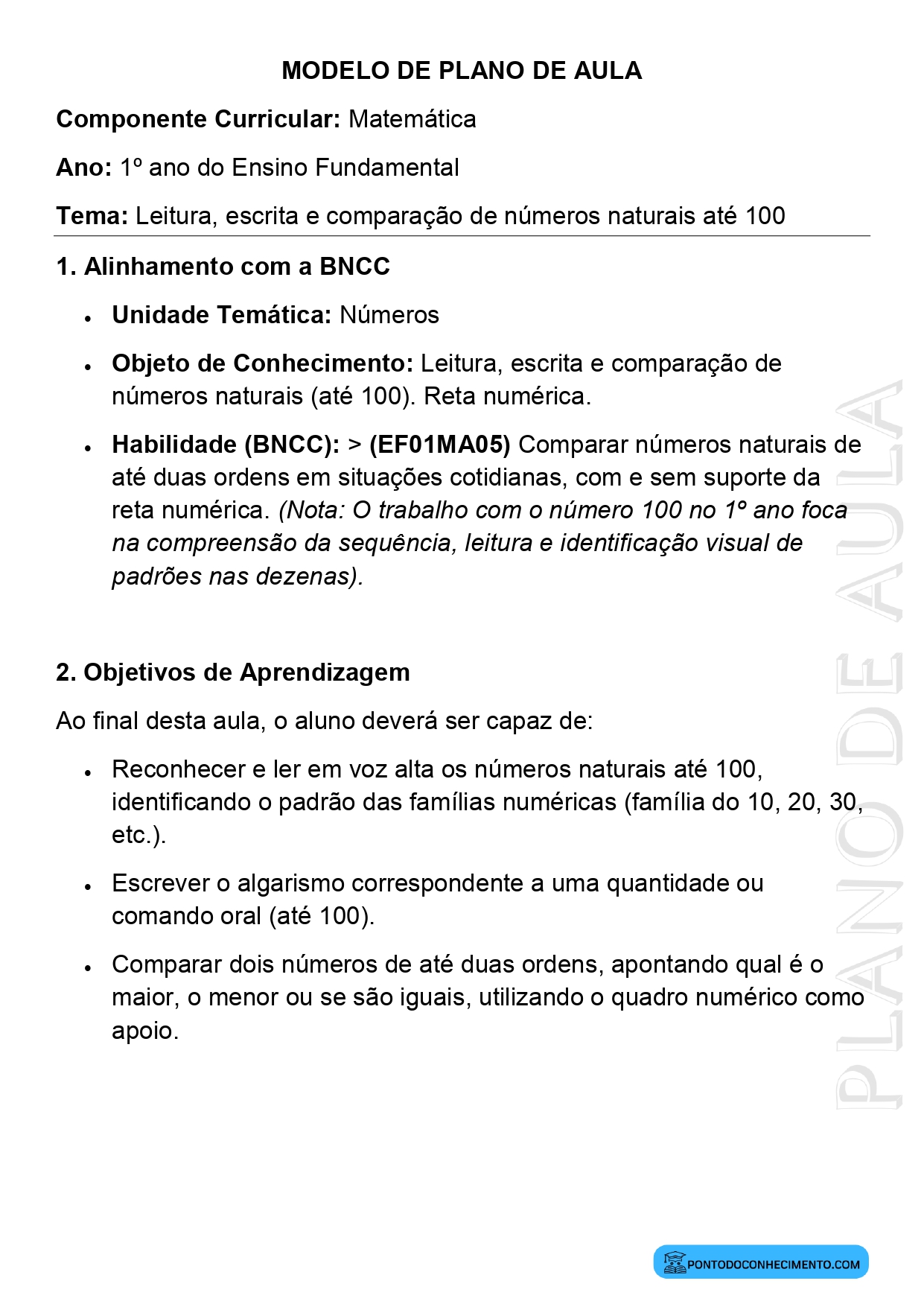 Plano de Aula Matemática 1º Ano Números Naturais até 100