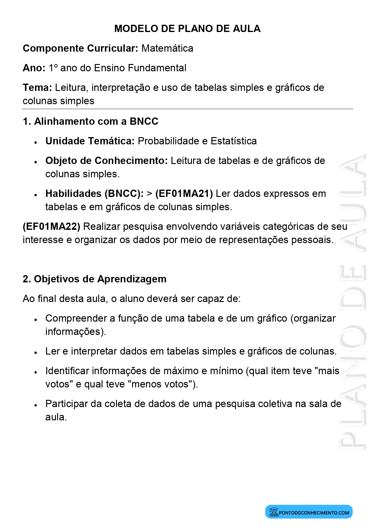 Plano de Aula Matemática 1º Ano Tabelas e Gráficos