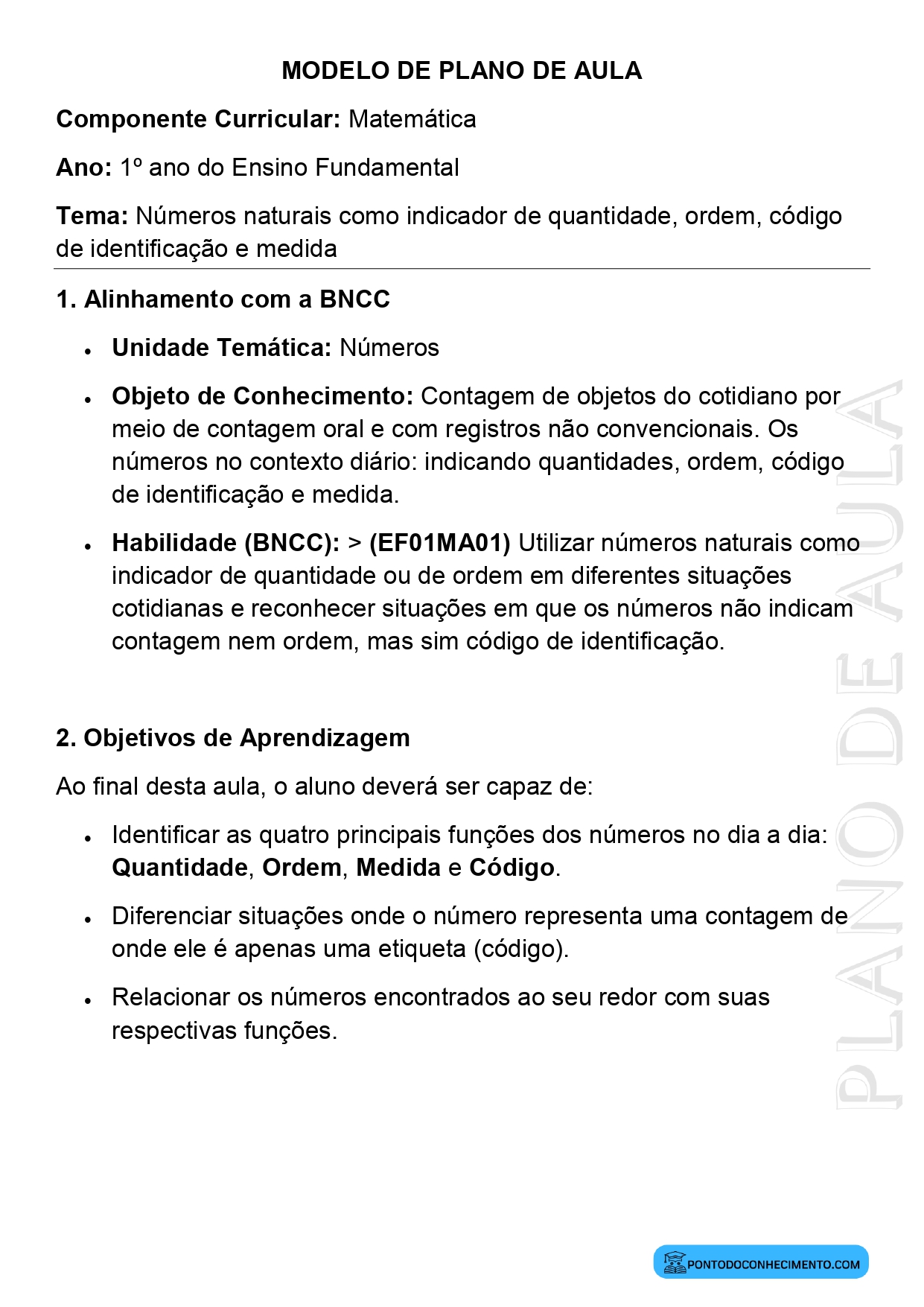 Plano de Aula Matemática 1º Ano Números Naturais