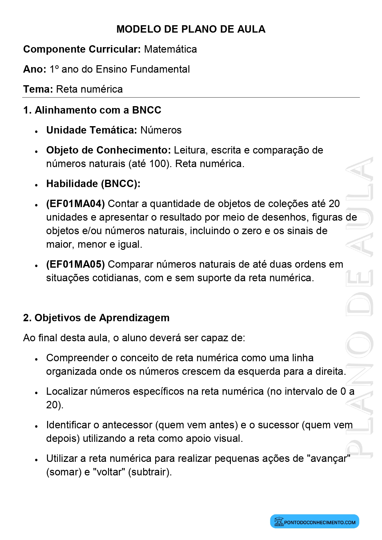 Plano de Aula Matemática 1º Ano Reta Numérica