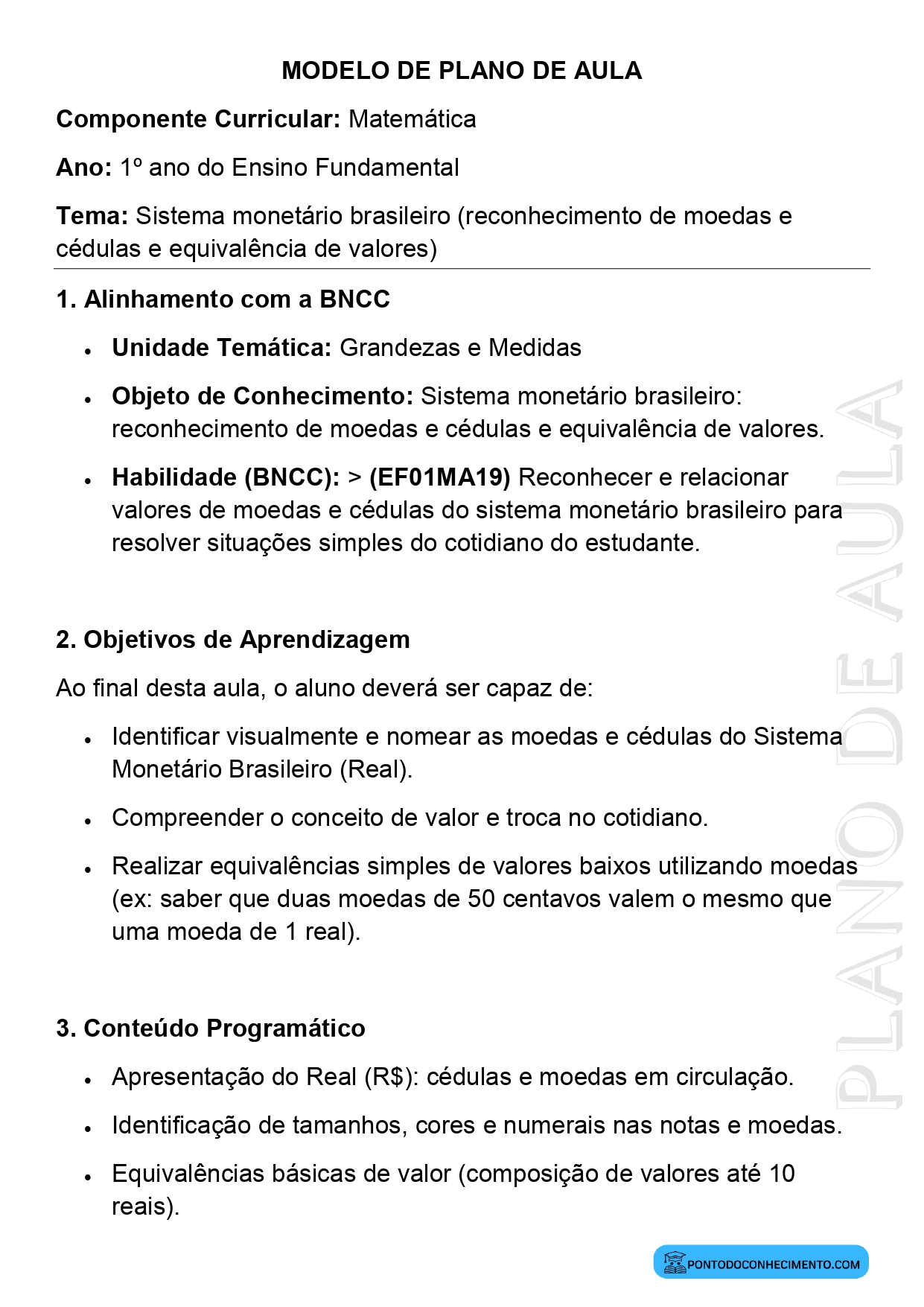 Plano de Aula de Matemática para o 1º Ano sobre Moedas e Cédulas do Sistema Monetário Brasileiro