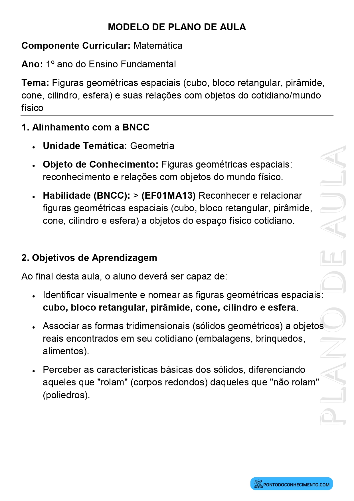 Plano de Aula Matemática 1º Ano Figuras Geométricas Espaciais