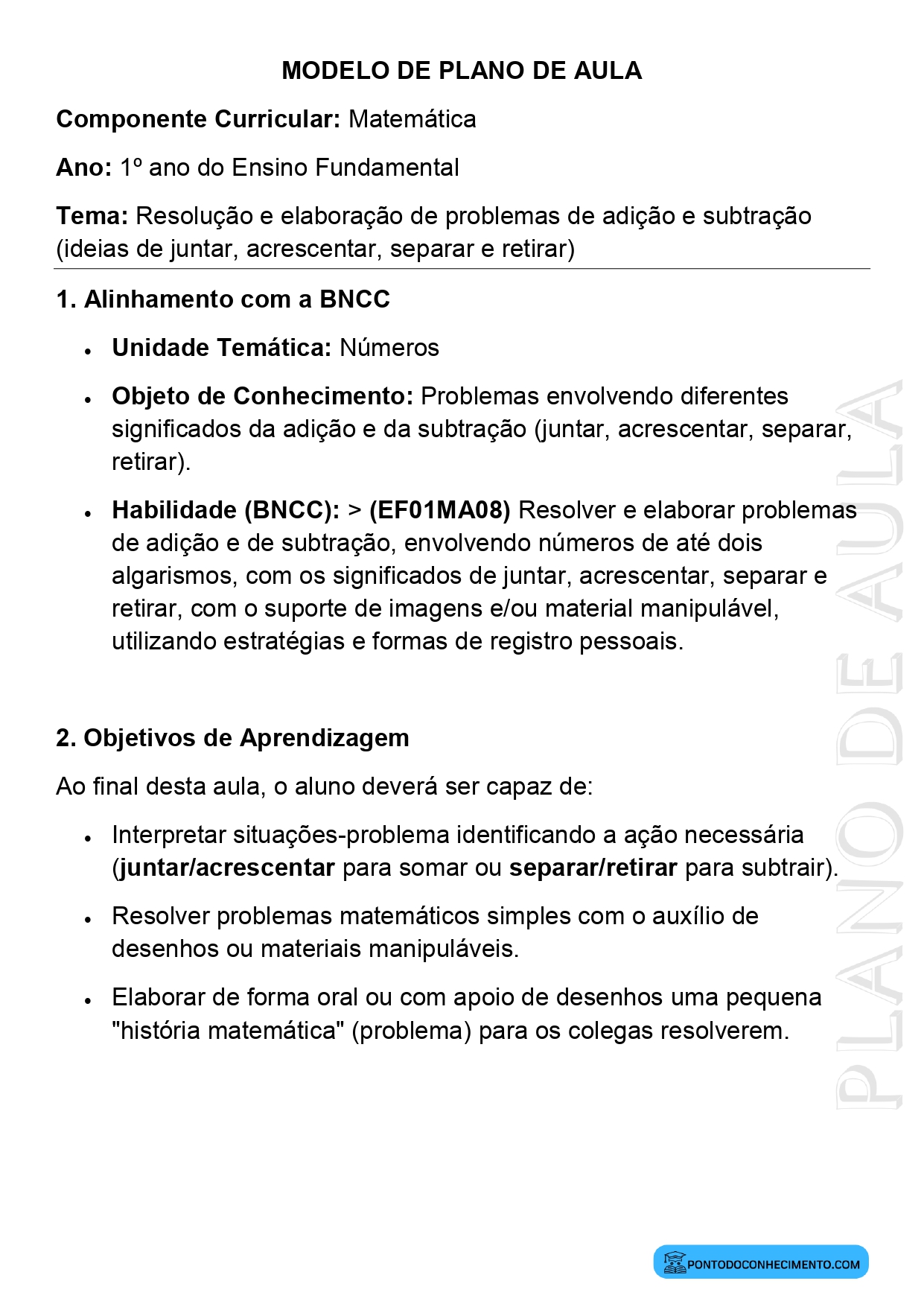 Plano de Aula Matemática 1º Ano Adição e Subtração