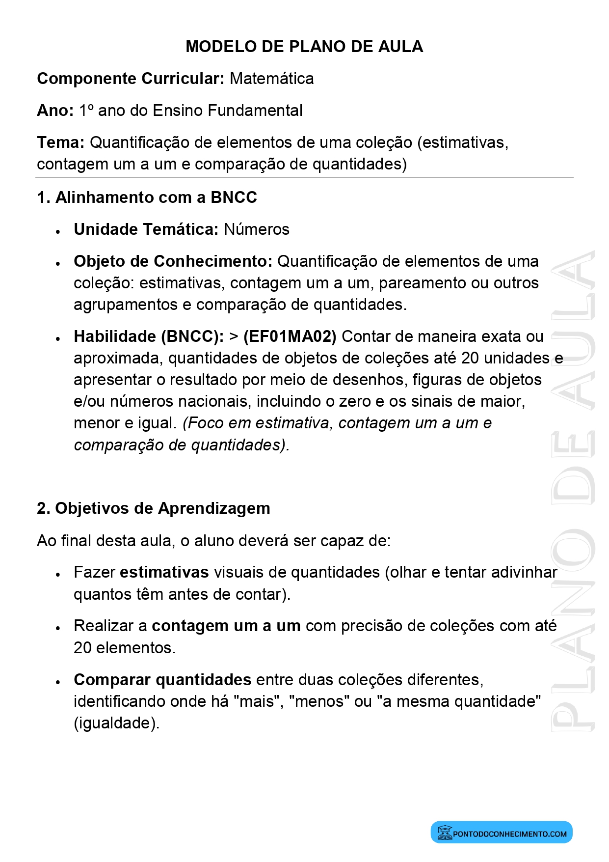 Plano de Aula Matemática 1º Ano Quantificação de Coleções