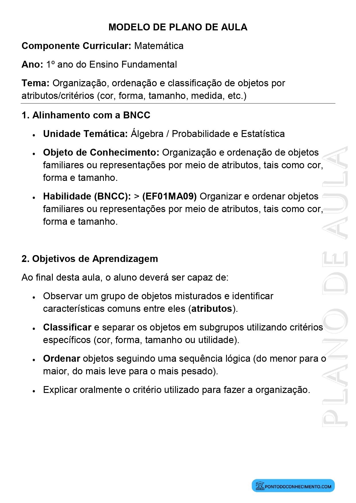 Plano de Aula Matemática 1º Ano Classificação de Objetos