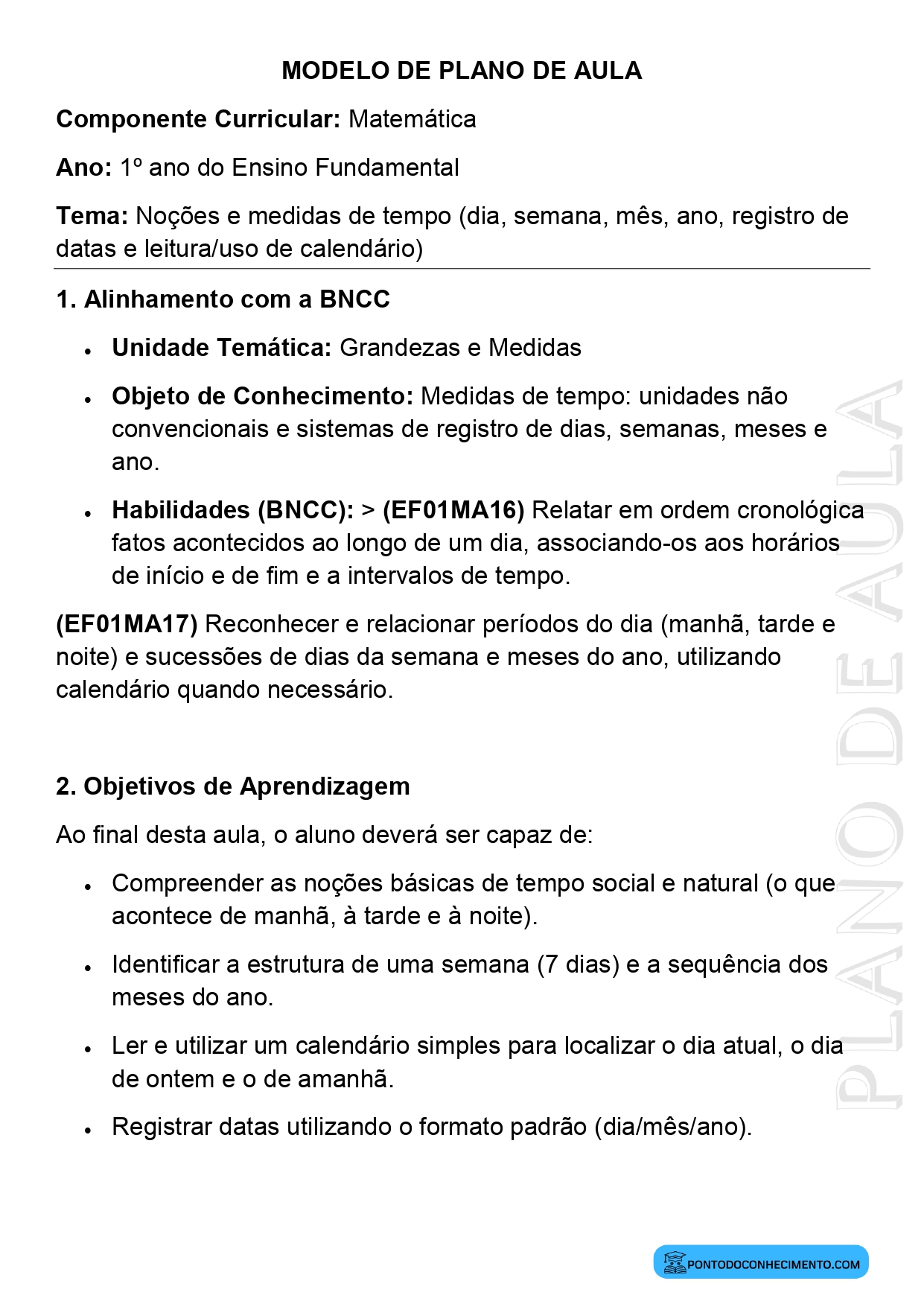 Plano de Aula Matemática 1º Ano Medidas de Tempo