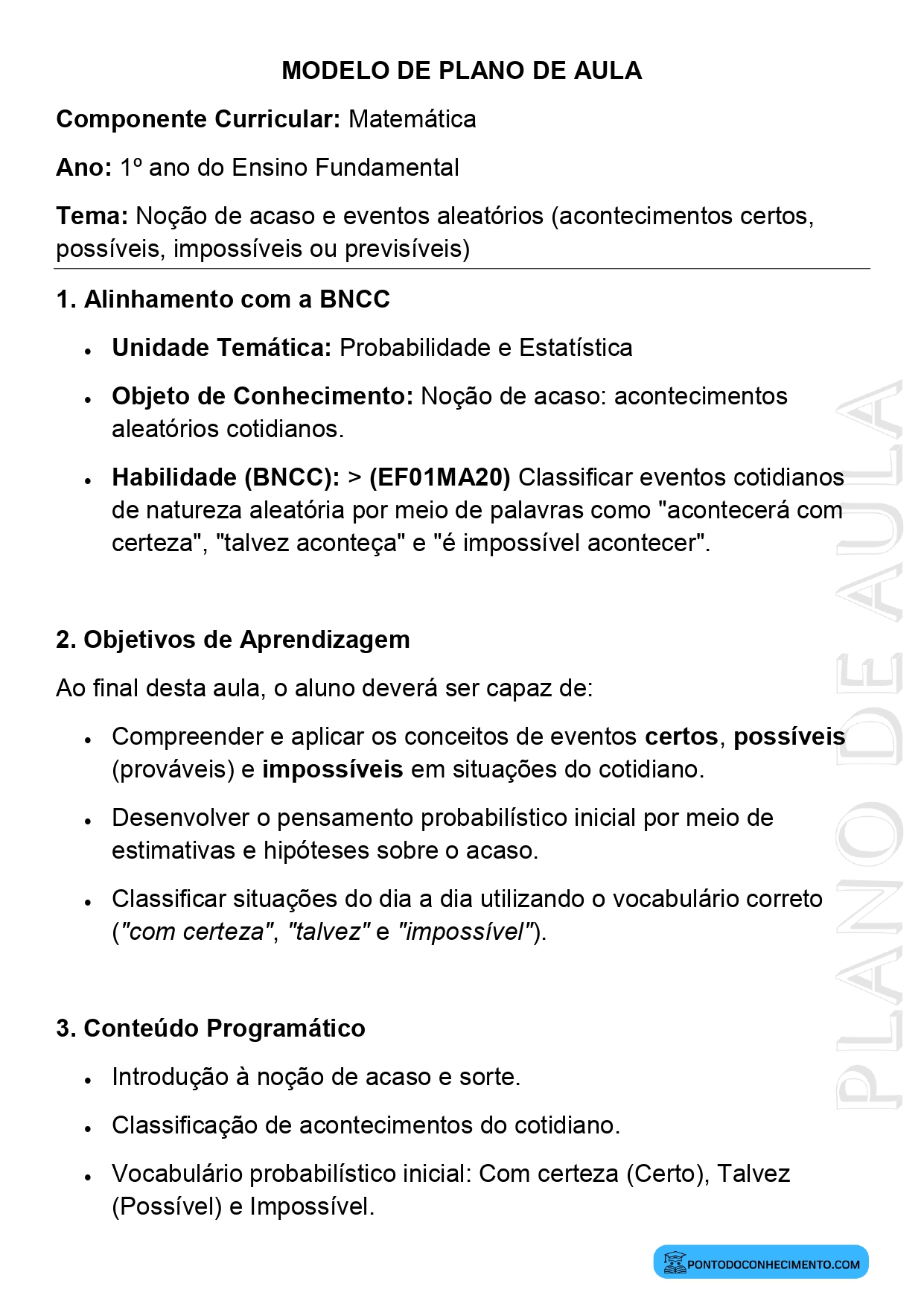 Plano de Aula Matemática 1º Ano Noção de Acaso