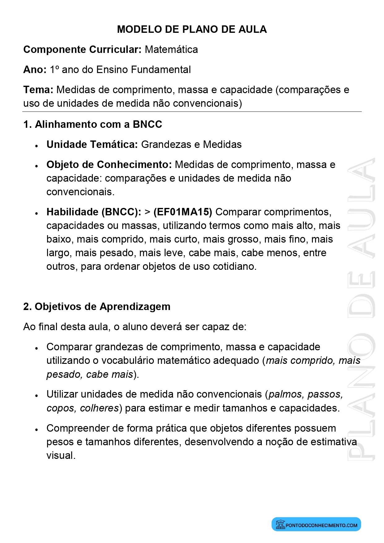 Plano de Aula Matemática 1º Ano Medidas de Comprimento Massa e Capacidade