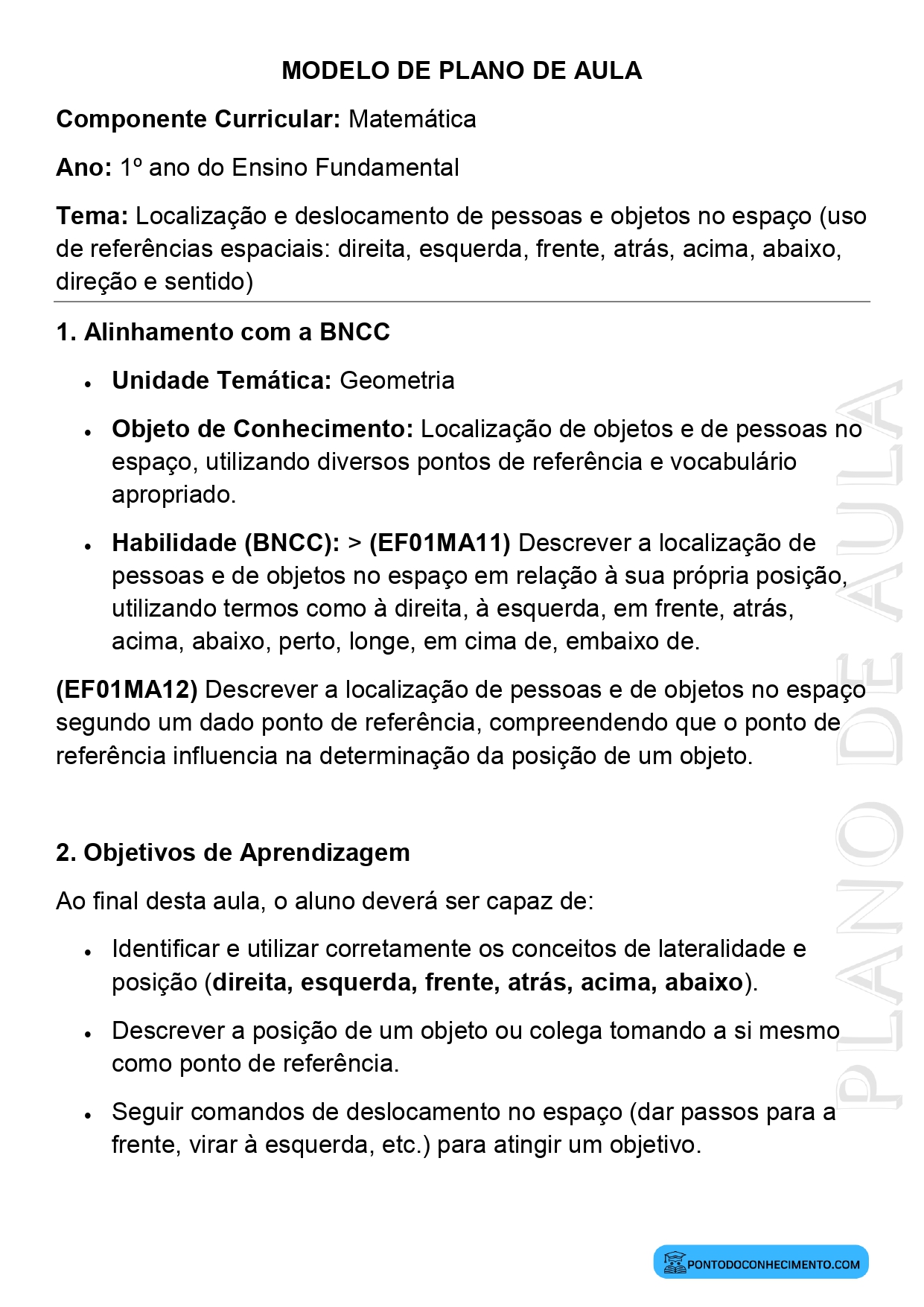Plano de Aula Matemática 1º Ano Localização e Deslocamento