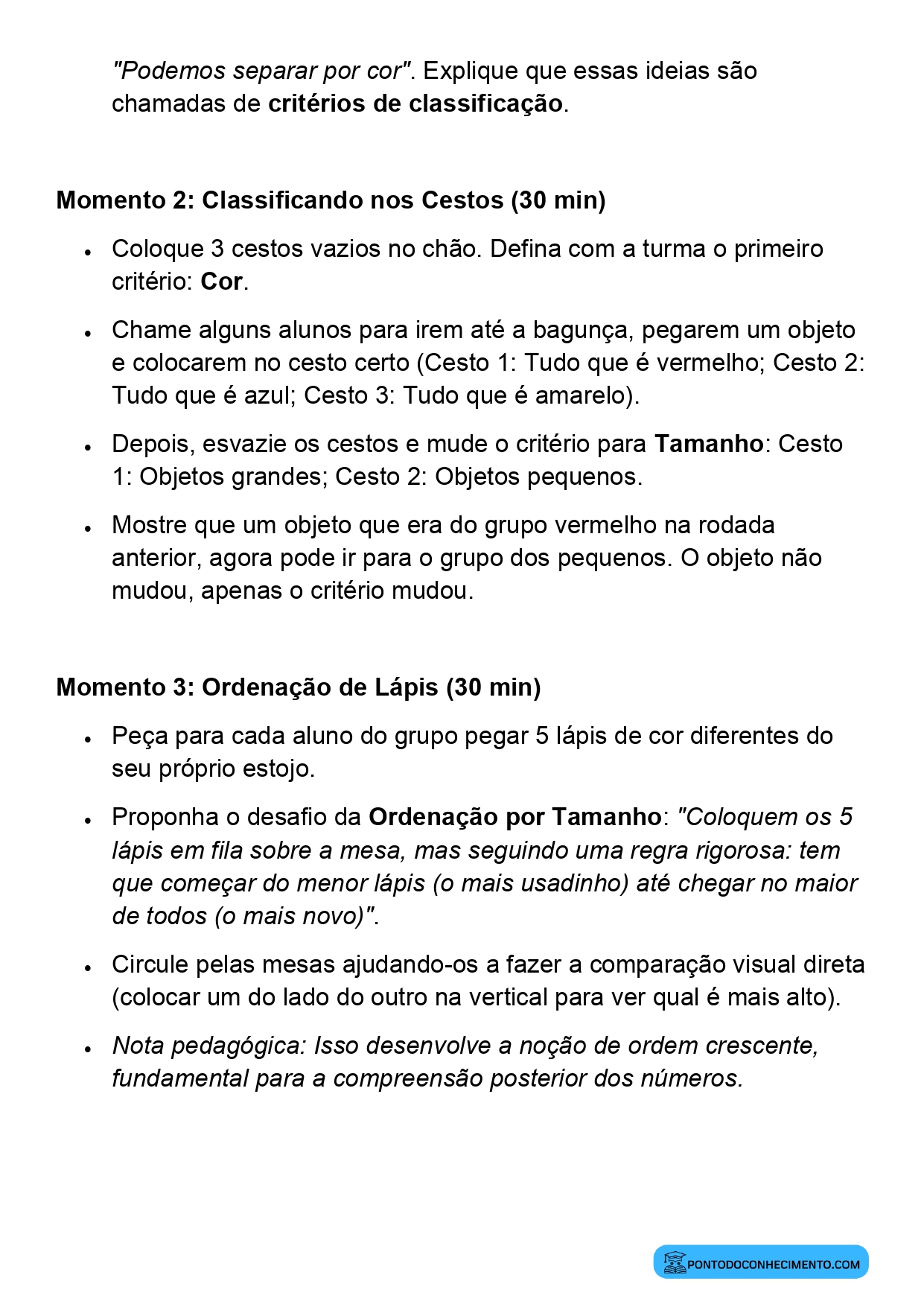 Planejamento de Aula Ordenação de Objetos 1º Ano