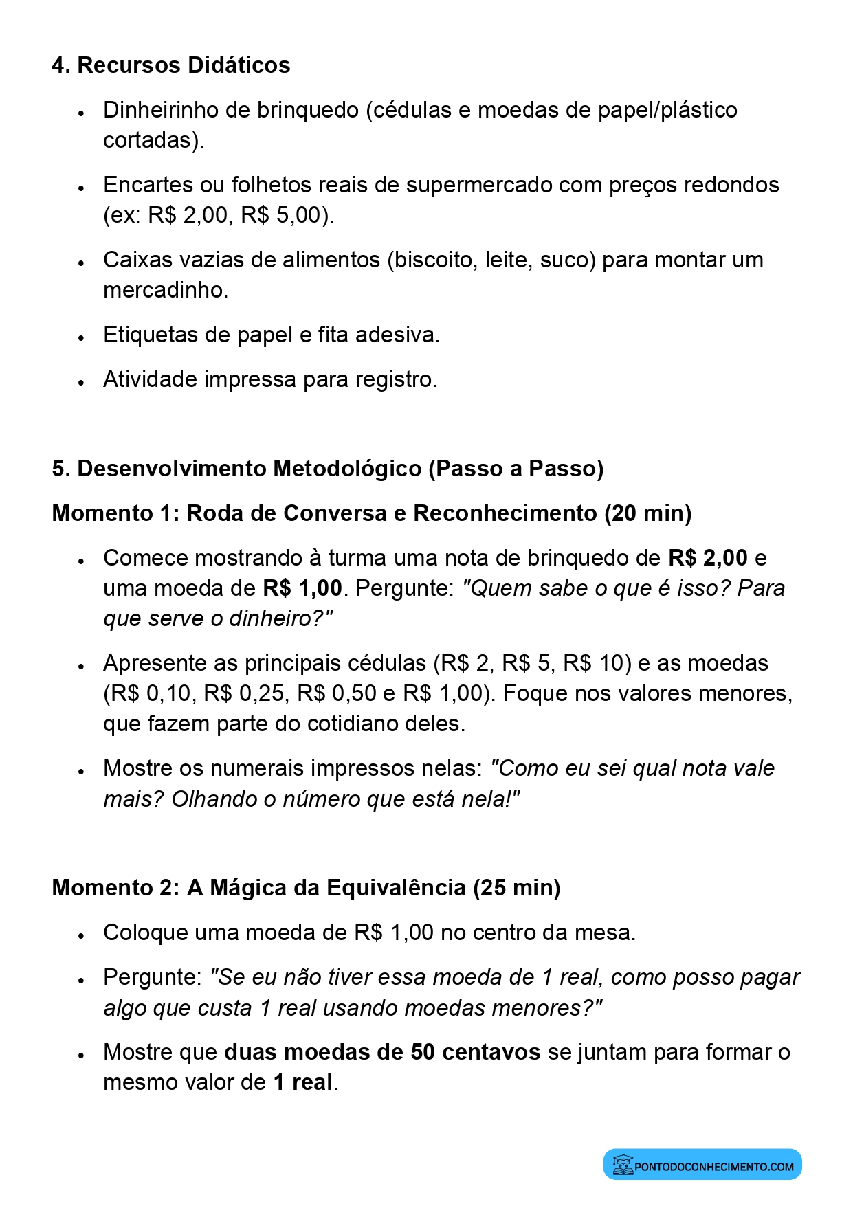 Plano de Aula Pronto de Matemática sobre Reconhecimento de Moedas e Cédulas