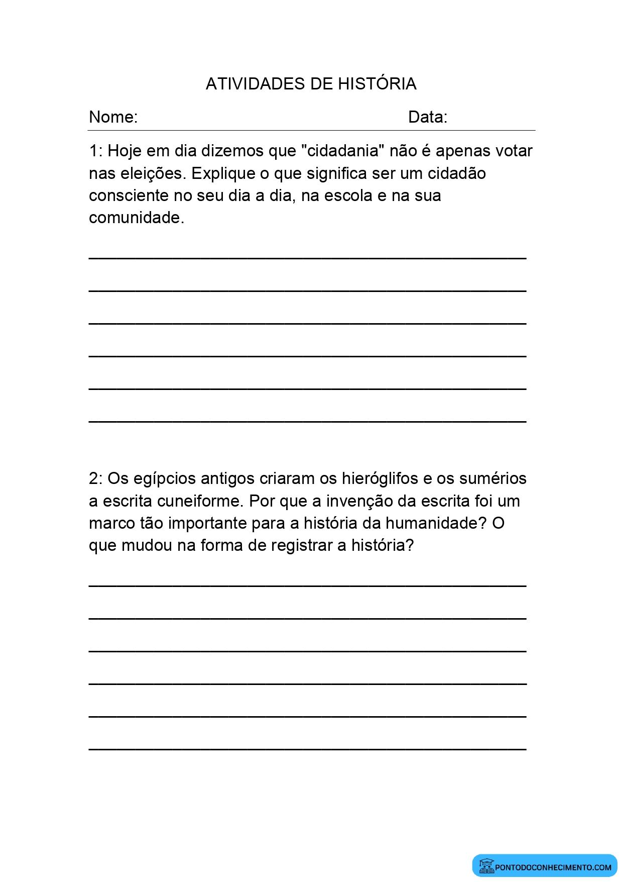 Prova de história para o 5º ano quarto bimestre