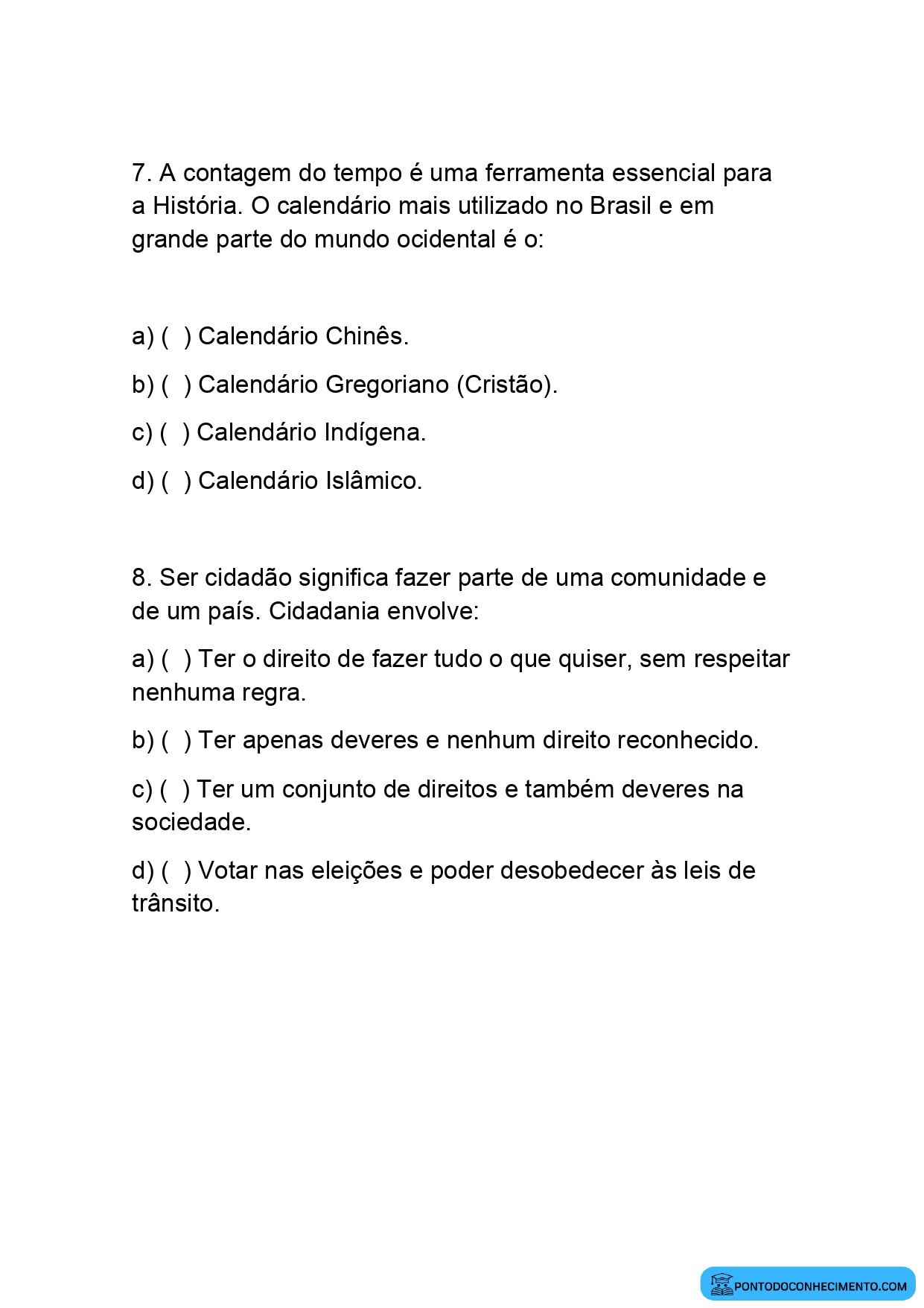 Prova de história para o quinto ano segundo bimestre