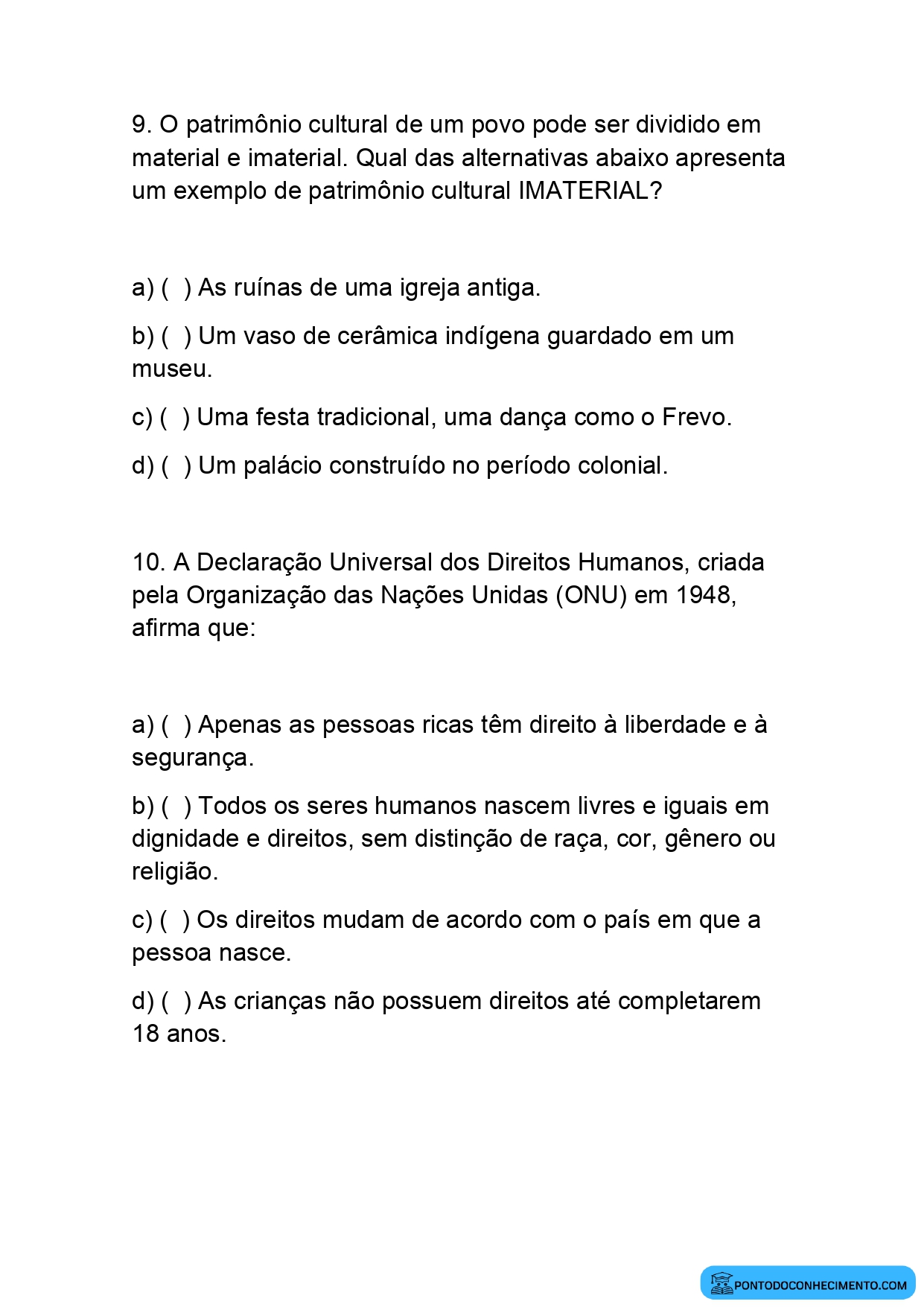 Prova de história para o quinto ano E.F terceiro bimestre