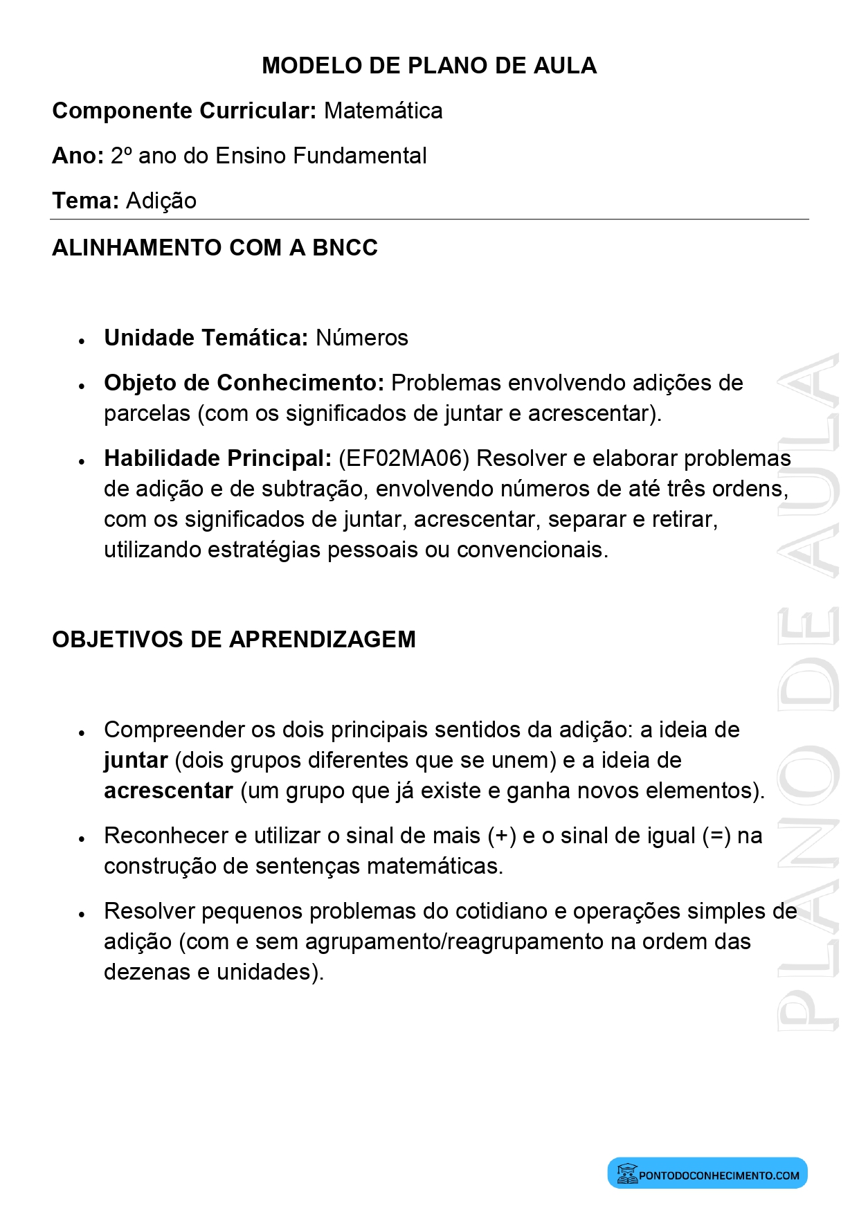 Plano de Aula de Matemática para o 2º Ano sobre Adição