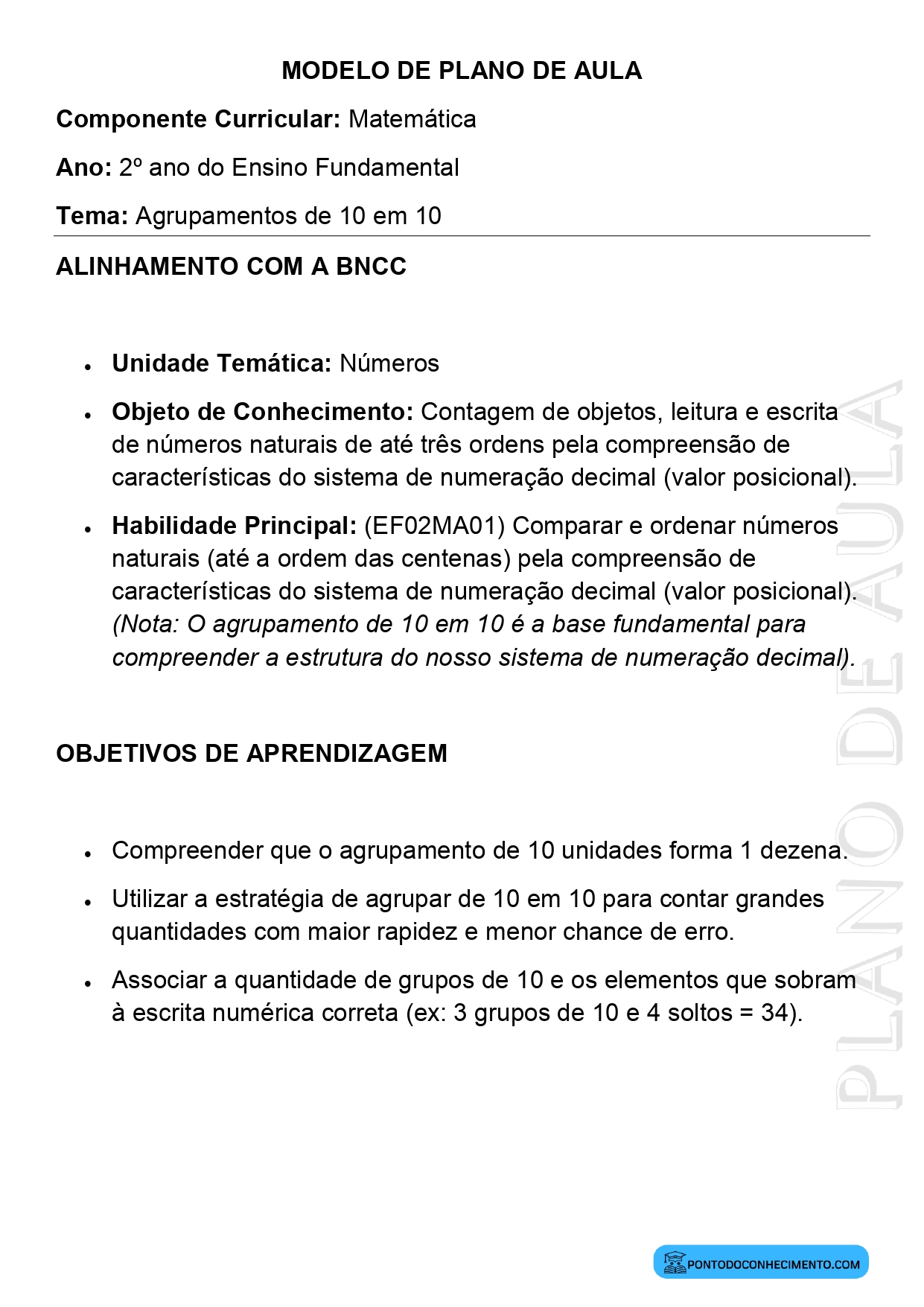 Modelo de Plano de Aula de Matemática para o 2º Ano do Ensino Fundamental sobre Agrupamentos de 10 em 10