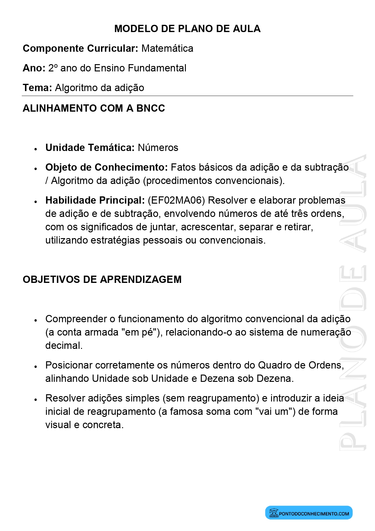 Plano de Aula BNCC Matemática 2º Ano Algoritmo da Adição