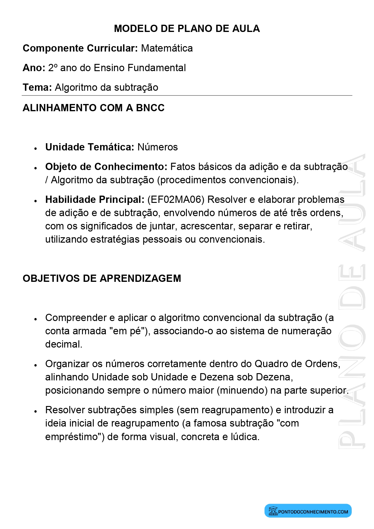 Modelo de Plano de Aula de Matemática para o 2º Ano do Ensino Fundamental sobre Algoritmo da Subtração