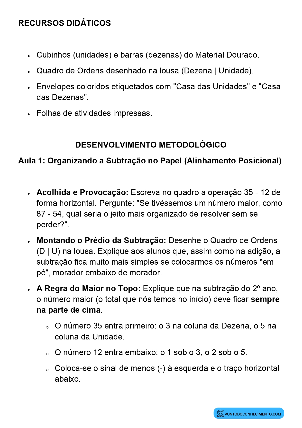 Plano de Aula Matemática 2º Ano Algoritmo da Subtração