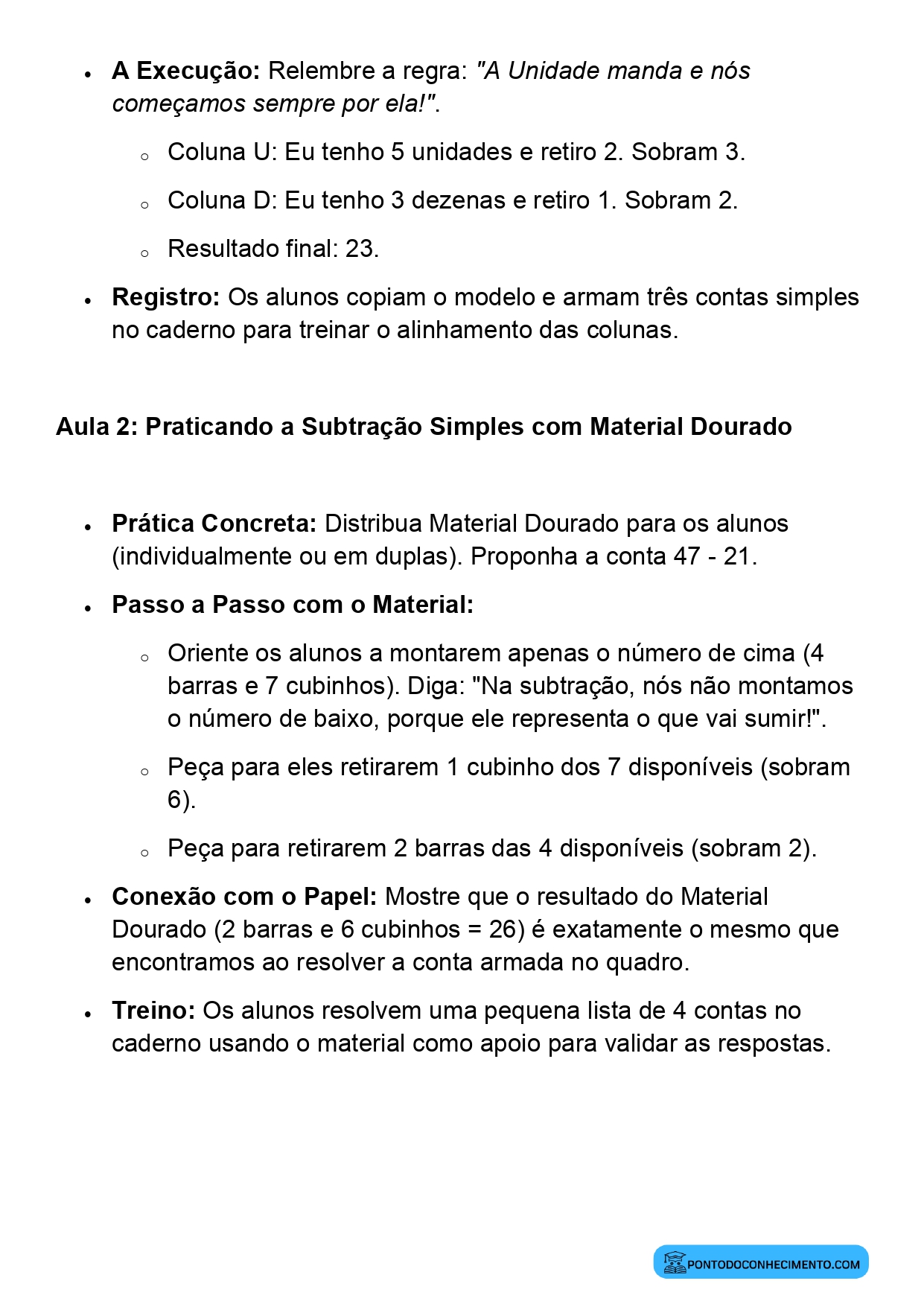 Plano de Aula Completo de Matemática 2º Ano Algoritmo da Subtração