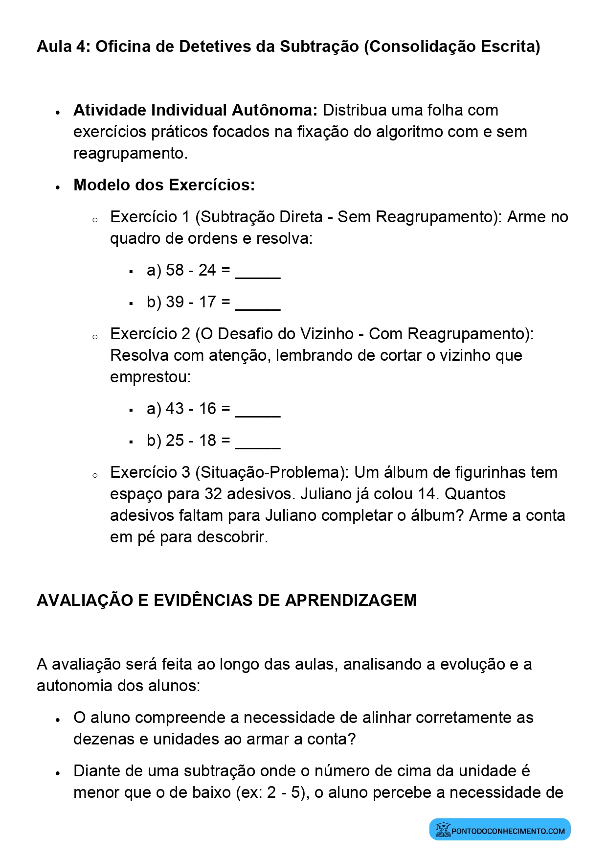 Plano de Aula Alinhado à BNCC Matemática 2º Ano Algoritmo da Subtração